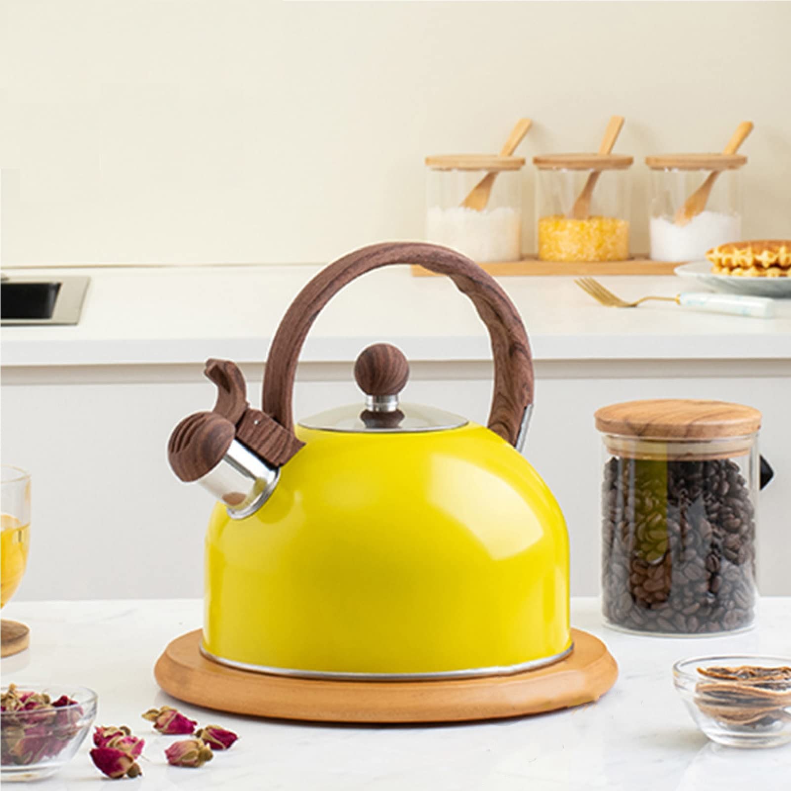 Premium 2.5L Stainless Steel Whistling Tea Kettle for Stovetop - Wood Grain Handle with Loud Whistle - Yellow - Perfect for Home, Office & Camping Tea Brewing