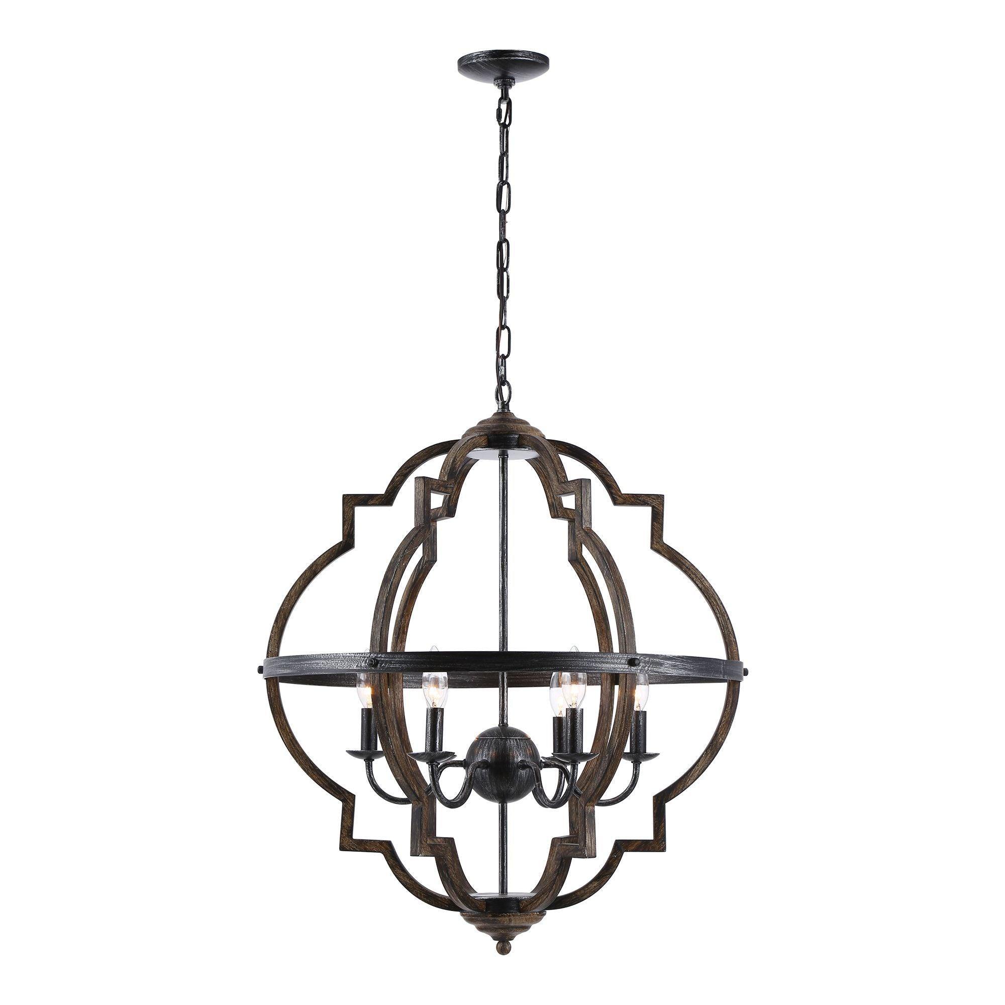 Cambon 6-Light Distressed Black & Brushed Wood Geometric Lantern Chandelier - Perfect for Farmhouse Dining Room, Rustic Kitchen Island, or Entryway Lighting