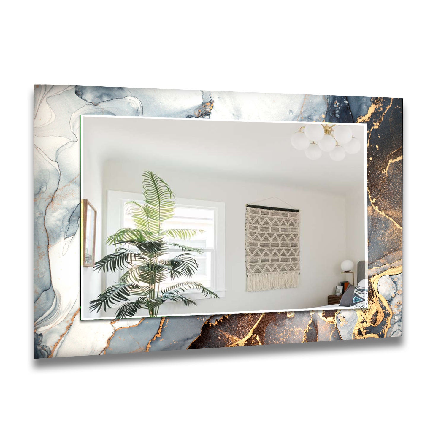 Luxury Blue & Gold Marble Glass Wall Mirror - Modern Statement Decor for Living Room, Bedroom, Entryway & Bathroom