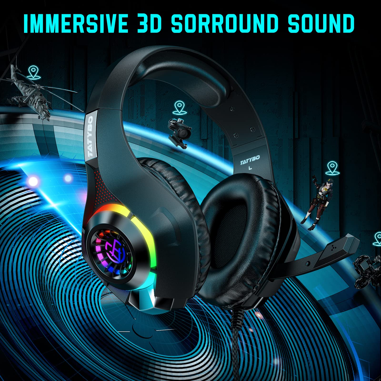 Tatybo Gaming Headset for PS4, PS5, PC, Xbox One & Mac - Stereo Bass Deep Headphones with Microphone, RGB Lights, Over-Ear Comfort - Perfect for Gaming, Streaming & Online Meetings (Black RGB)