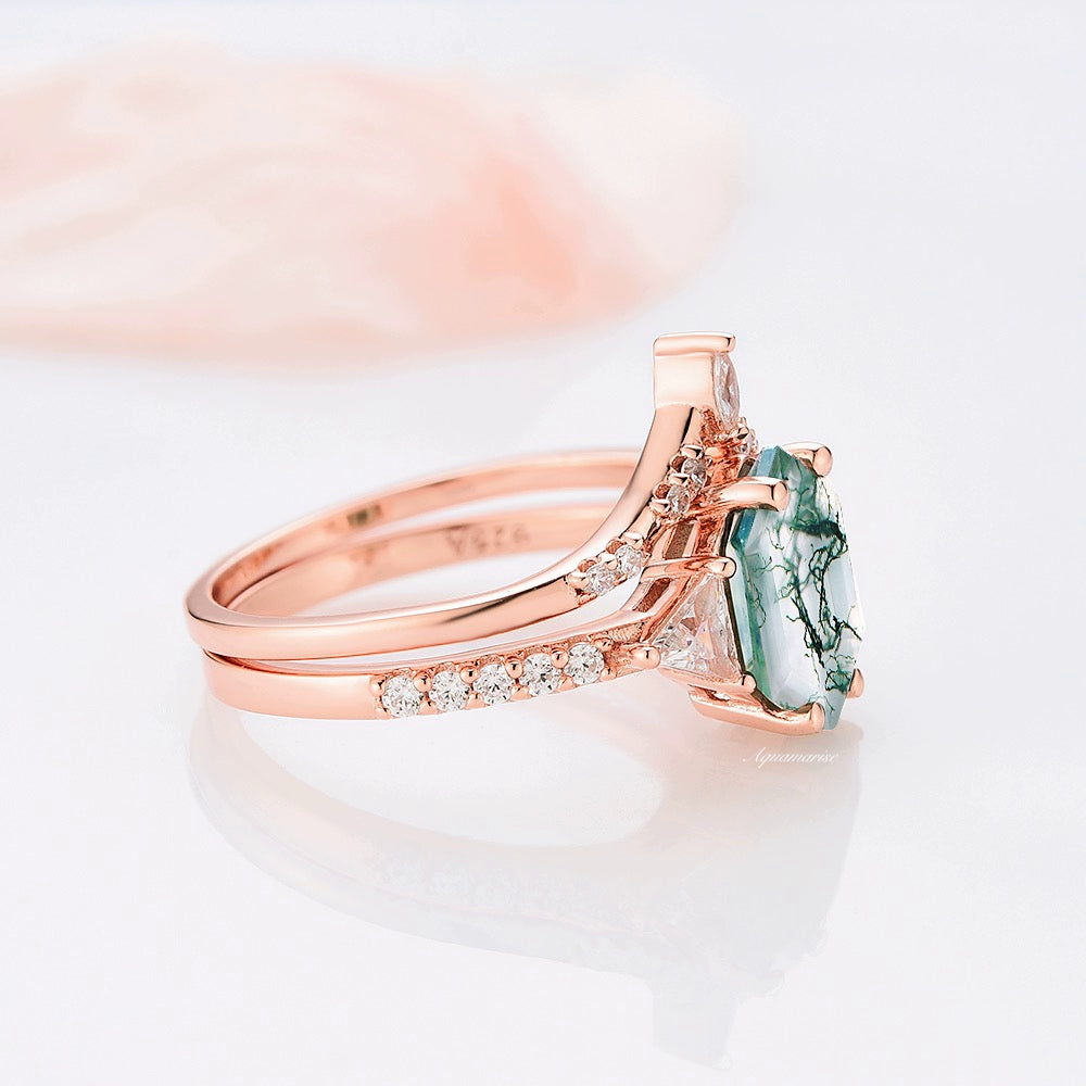 Hexagon Green Moss Agate Ring Set - 14K Rose Gold Vermeil Jewelry for Women, Elegant Stackable Rings for Everyday Wear, Gift for Her, Birthday & Anniversary Present