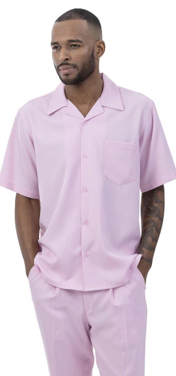 Montique Men's 2-Piece Short Sleeve Walking Suit - Solid Pink Outfit for Casual Wear, Summer Outings & Beach Vacations