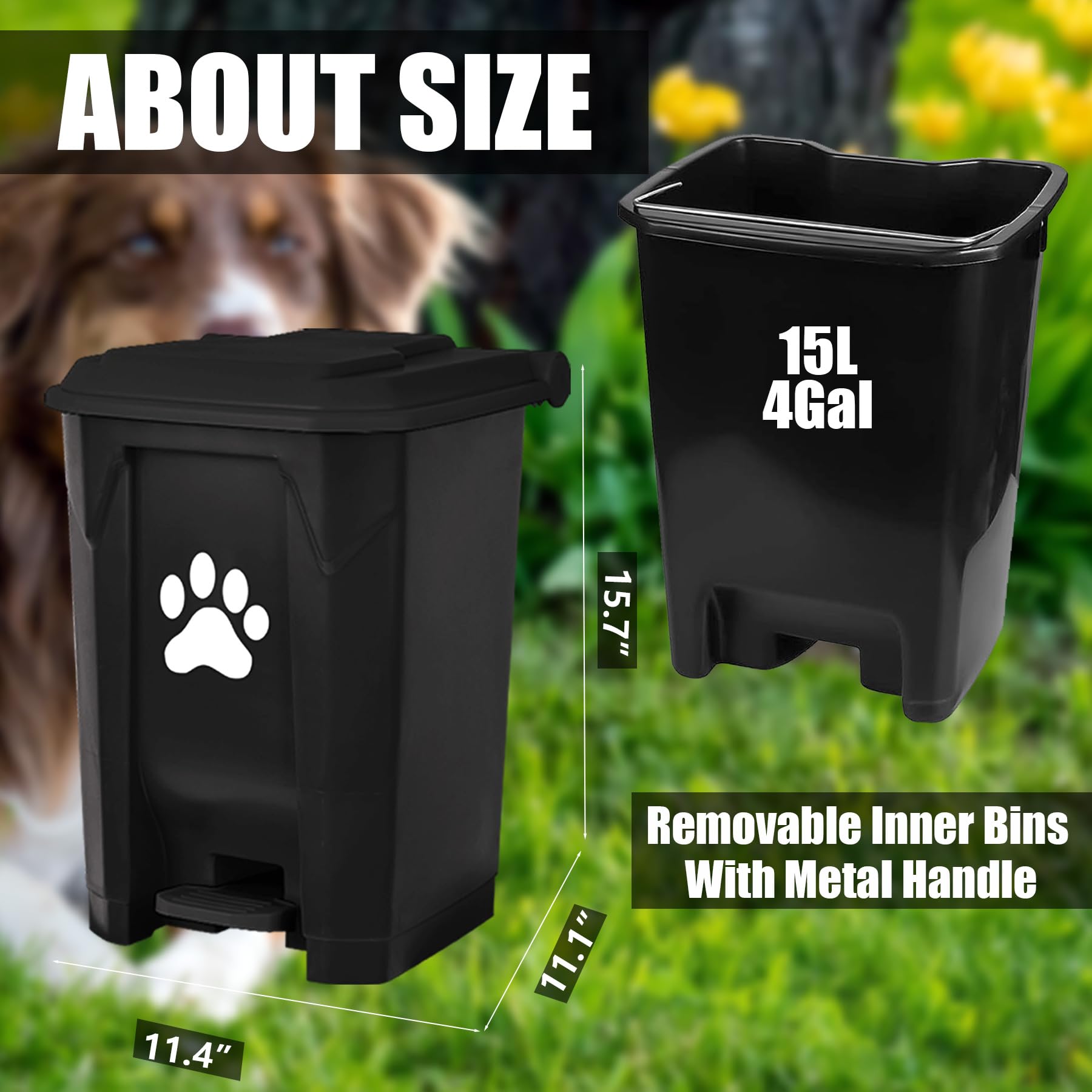 15L Black Hands-Free Pedal Dog Waste Station with Lid & Removable Inner Bucket - Outdoor Pet Poop Disposal Can for Garden, Yard & Home (Includes Waste Bags) - Ideal for Easy Dog Waste Management & Clean Outdoor Spaces