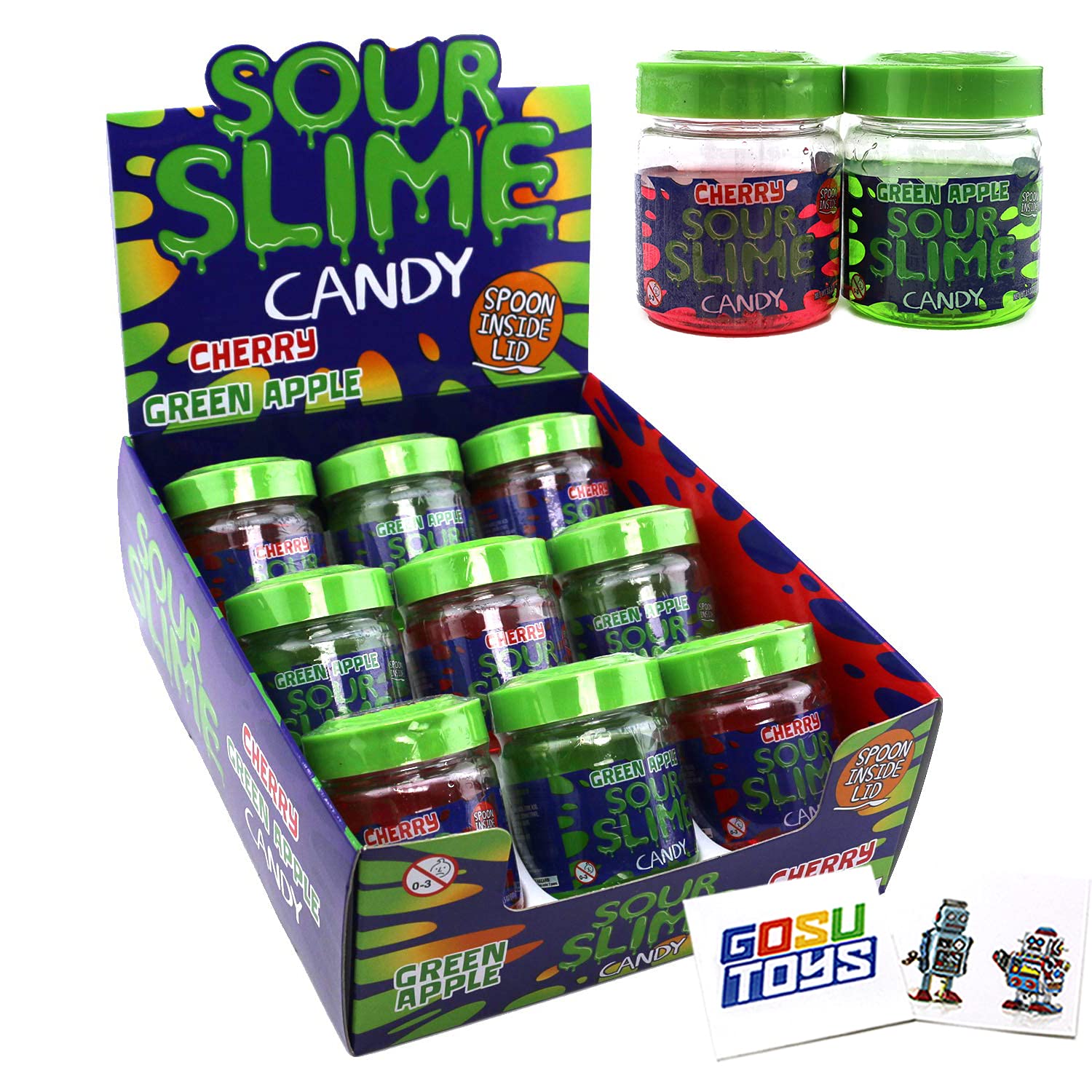 Sour Slime Liquid Candy - 9 Pack Case with Cherry & Green Apple Flavors, Includes Spoon in Lid & 2 Free GosuToys Stickers - Fun Party Favors, Halloween Treats & Kids Snacks
