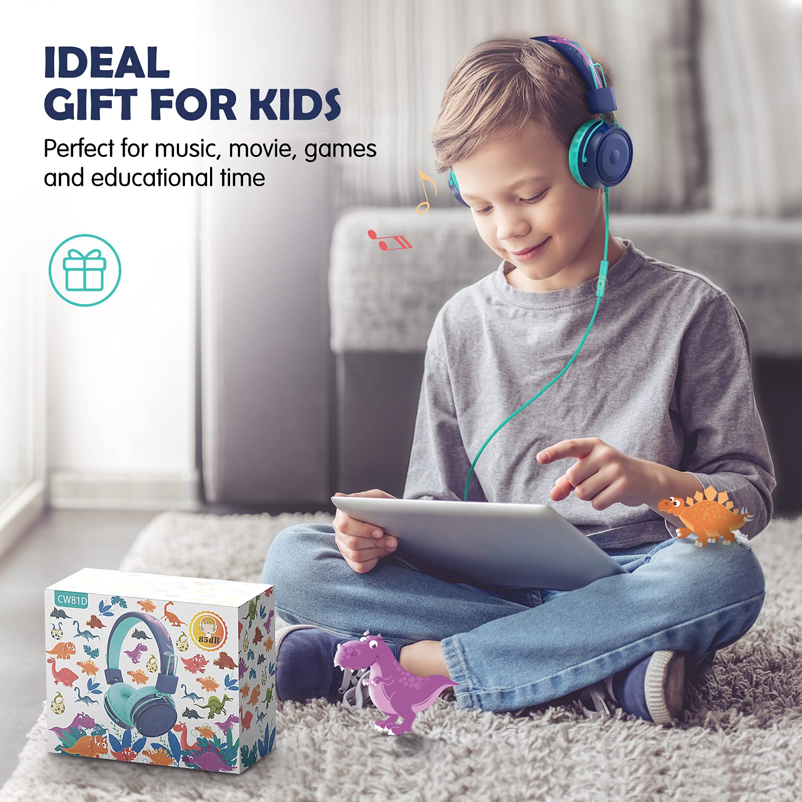 Kids Headphones with Microphone - Safe Volume Limiter 85/94dB, 3.5mm Wired On-Ear Headset for Children, Lightweight Comfort for School, Online Classes, iPad, Kindle & Tablet Use (Blue) - Perfect for Learning, Homeschooling & Remote Education