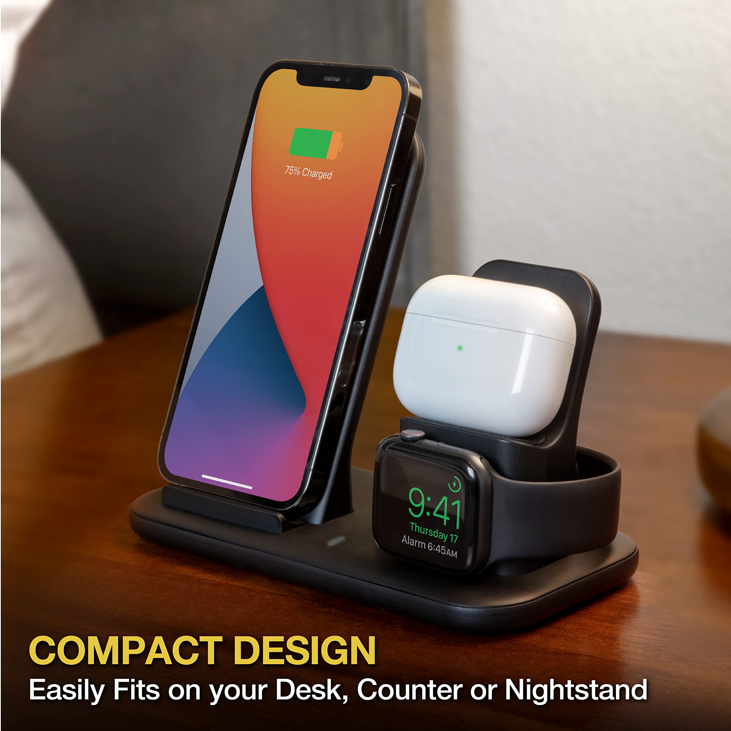 Scosche CSQ3N1-SP Qi-Certified Wireless Charging Dock - Compatible with iPhone, Samsung, AirPods & Smartwatches - Fast Wireless Charger for Home, Office & Car - Black