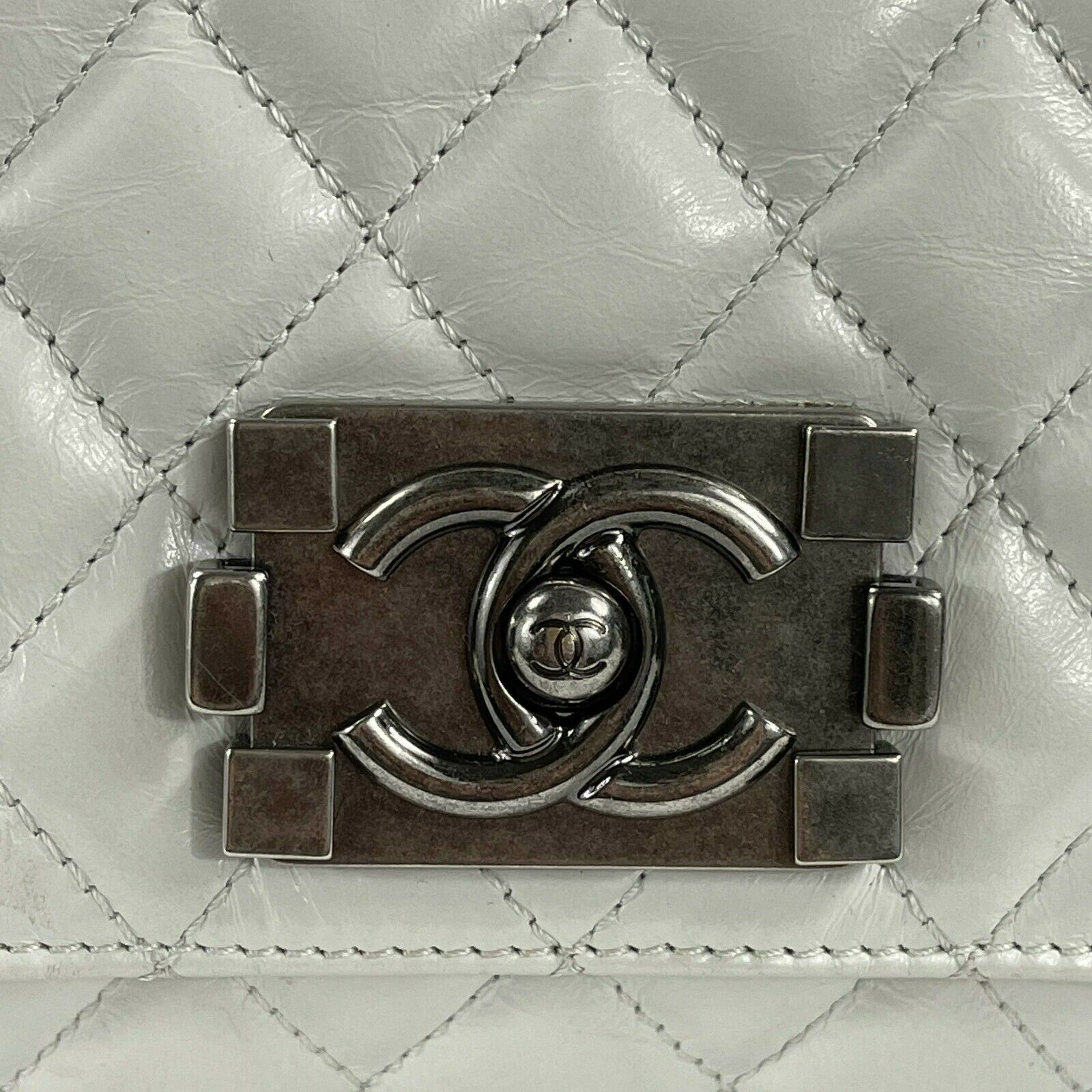 CHANEL White & Aged Silver CC Quilted Medium Leather Flap Crossbody Shoulder Bag - Luxury Designer Handbag for Women, Perfect for Parties, Date Nights & Special Occasions