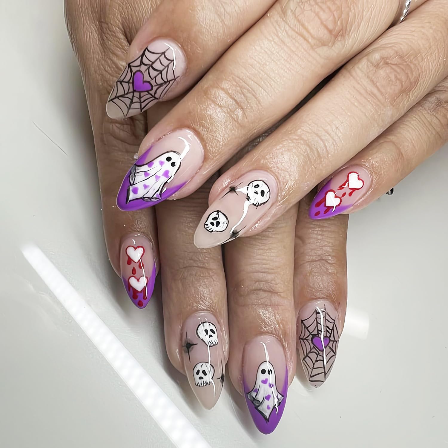 24 Pcs Halloween Press on Nails - Ghost & Spider Web Designs, Almond Shaped Fake Nails with Glossy Finish, Full Cover Glue on Nails for Women & Girls - Perfect for Halloween Parties, Costumes & Spooky Nail Art