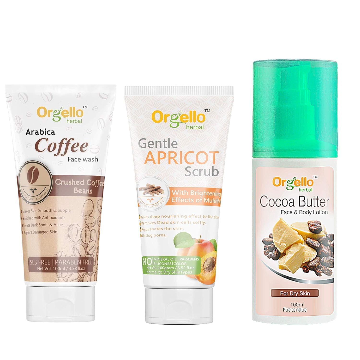 Organic Herbal Skincare Combo Kit - Arabica Coffee Face Wash (100ml) + Apricot Facial Scrub (100g) + Cocoa Butter Body Lotion | Natural Glow Routine for Dry & Sensitive Skin | Morning & Night Skincare Regimen