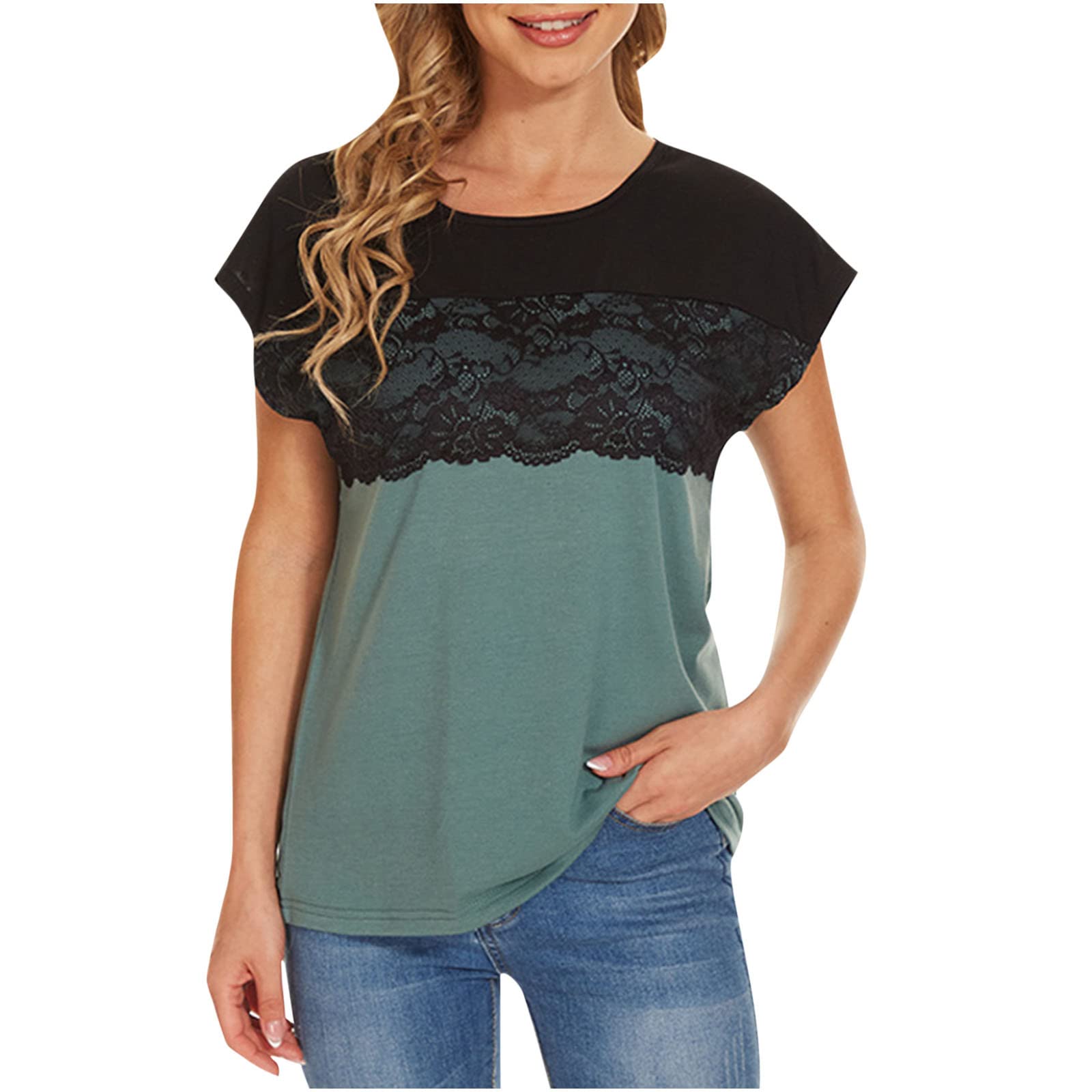 Women's Short Sleeve Summer T-Shirts - O-Neck Lace Patchwork Casual Tee Shirts for Women | Loose Fit Basic Top for Beach, Vacation & Everyday Wear