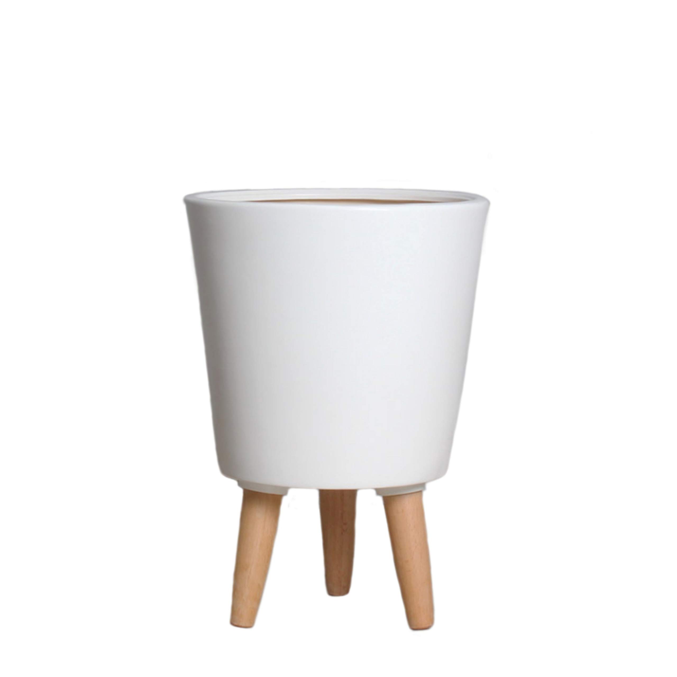 Serene Spaces Matte White Ceramic Plant Pot Holder with Wooden Legs - 15