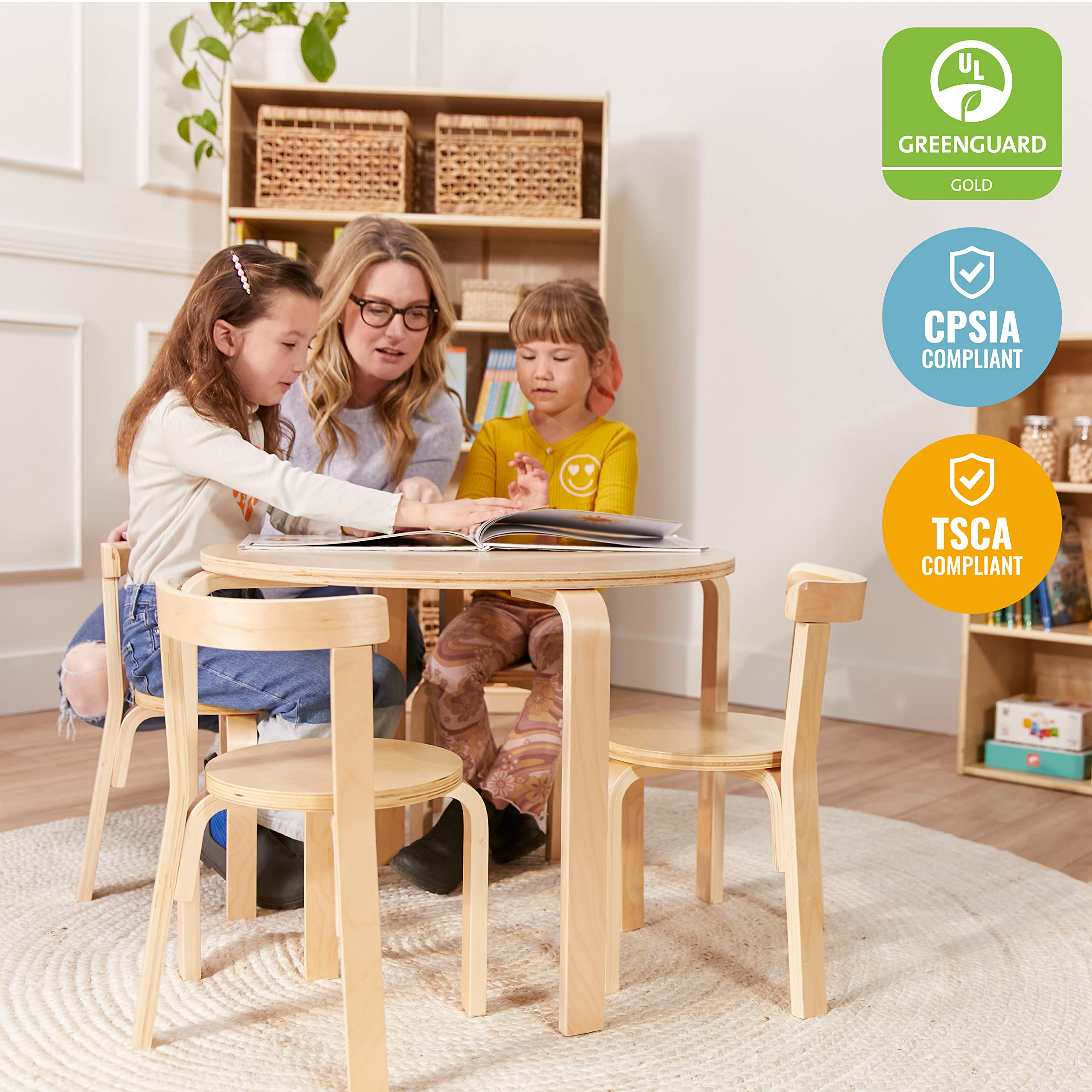 ECR4Kids Natural Bentwood Round Table and Curved Back Chair Set - 5-Piece Kids Furniture for Classroom, Playroom & Homeschool Learning Environment