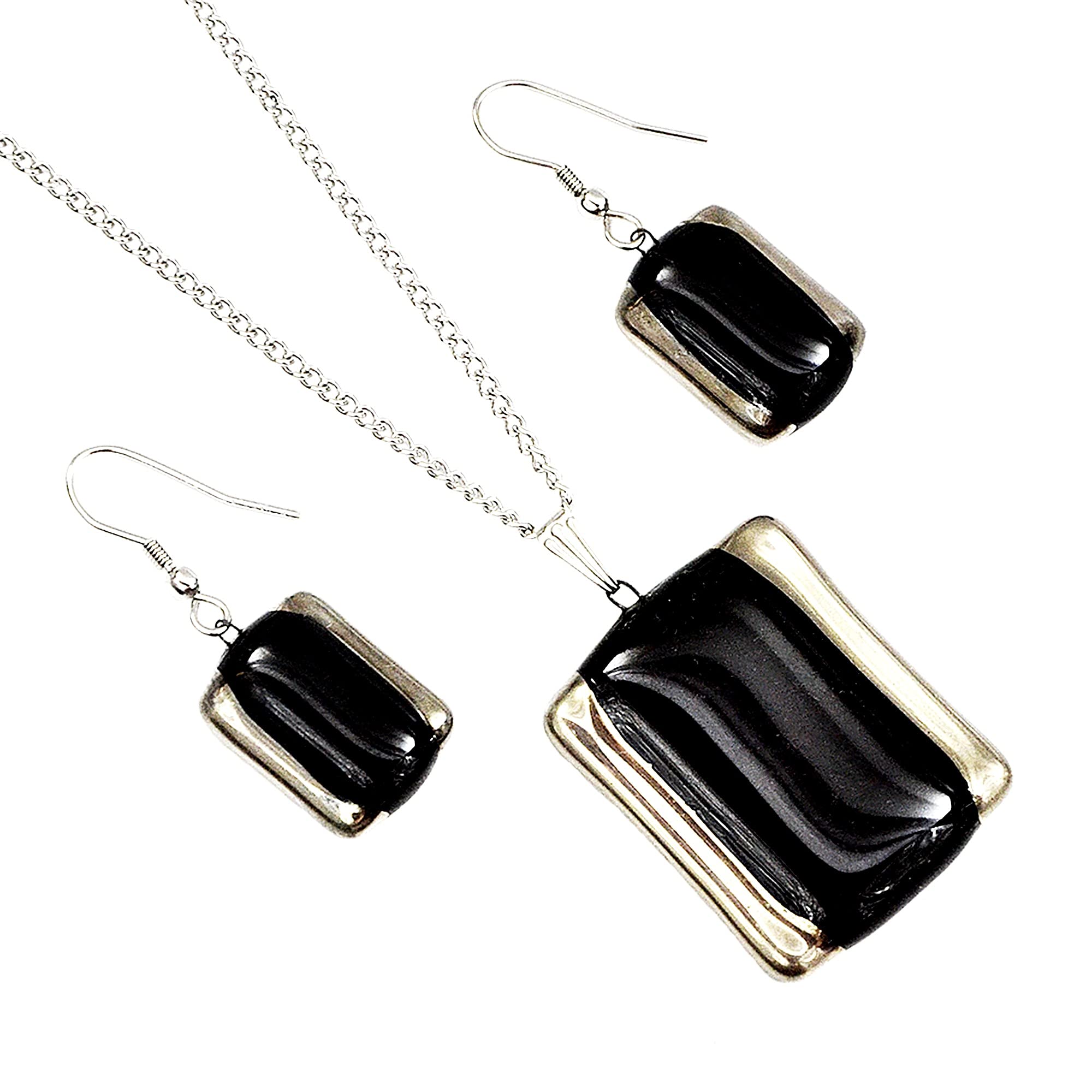 Handmade Designer Jewelry Set - Black Glass Necklace & Earrings with Platinum Accents | Perfect for Evening Parties, Weddings & Special Occasions