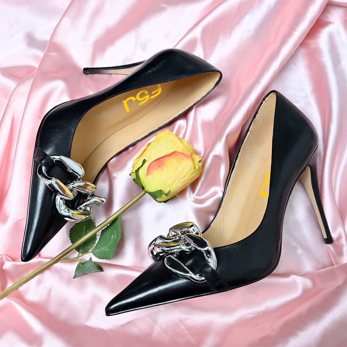 FSJ Women's Elegant Pointed Toe Stiletto High Heel Pumps - Slip On Chain Buckle Party Dress Shoes for Women (US Size 4-15) - Perfect for Evening Parties, Weddings & Formal Events