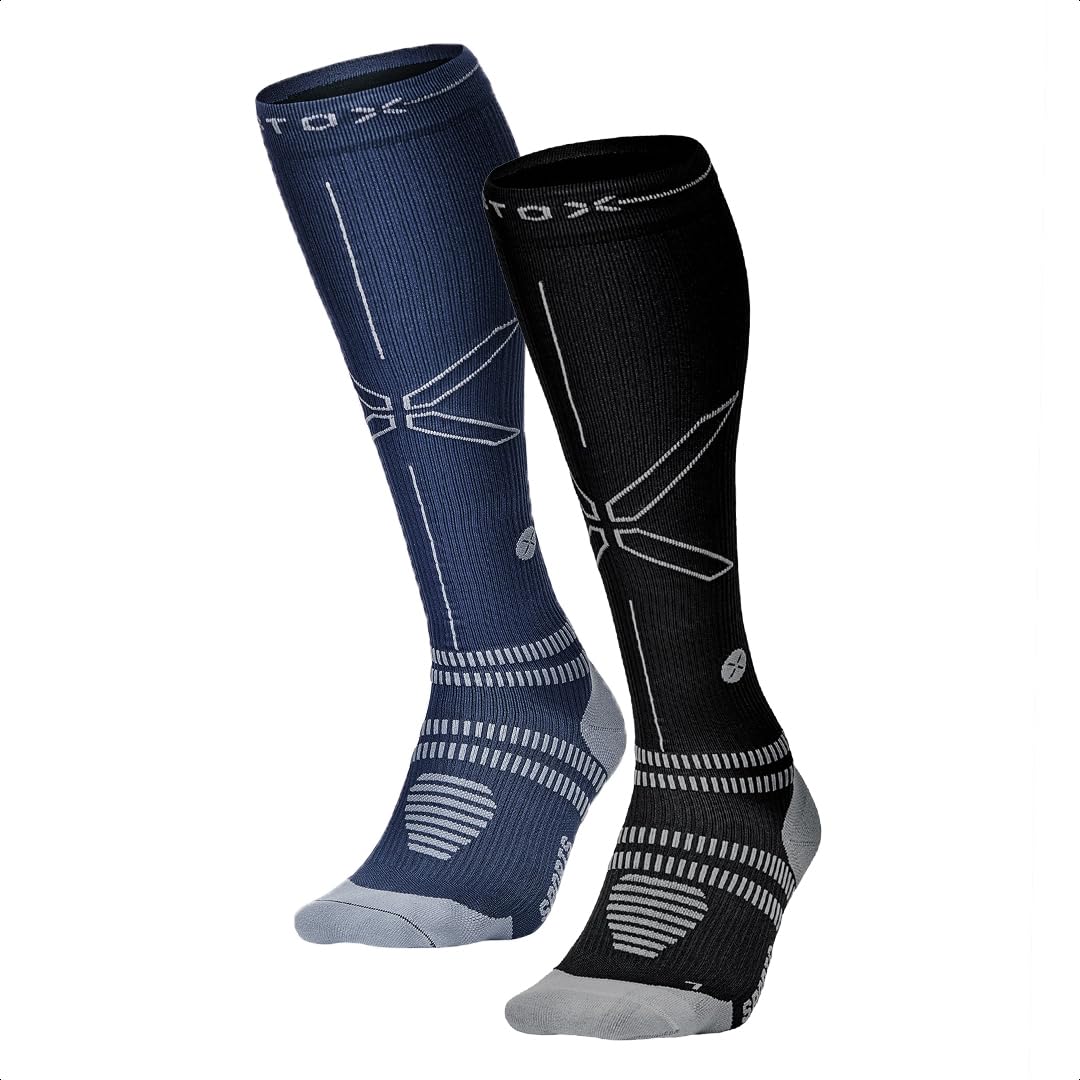 STOX Energy Socks for Men - Premium Compression Athletic Socks for Running, Hiking & Workouts - Reduce Muscle Fatigue & Speed Up Recovery - Comfortable Performance Socks in Black & Blue - Ideal for Sports, Travel & Long Hours on Feet