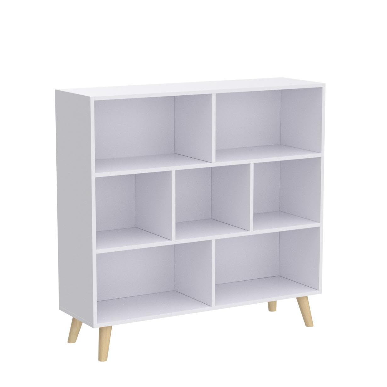 IOTXY 3-Tier Wooden Open Shelf Bookcase - Free Standing Floor Display Cabinet with 7 Cubes & Legs, Warm White - Perfect for Living Room, Bedroom, Office & Home Decor Storage