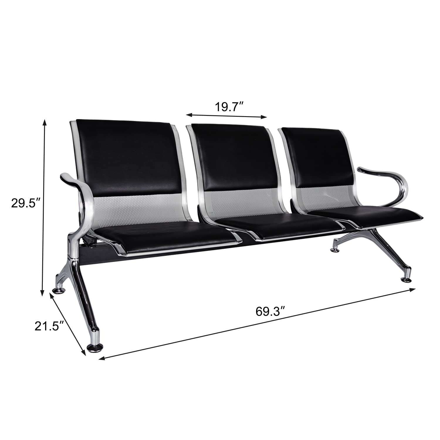 Premium PU Leather Waiting Room Chairs - 3-Seat Reception Sofa for Airport, Office, Bank & Hospital - Modern Black & Silver Guest Seating - Perfect for Lobbies, Waiting Areas & Public Spaces