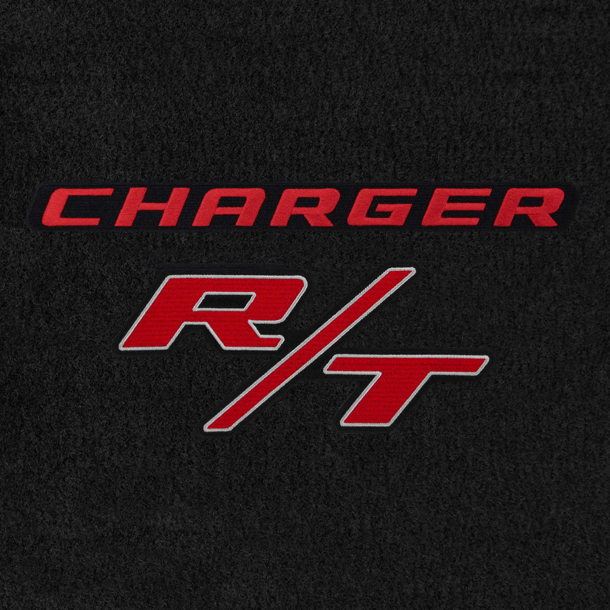 Premium Custom-Fit Carpeted Floor Mats for 2011-2023 Dodge Charger AWD - Luxury Car Floor Liners (4-Piece Set, Charcoal with Red Charger R/T Logo) - Perfect for All-Weather Protection & Interior Style Enhancement