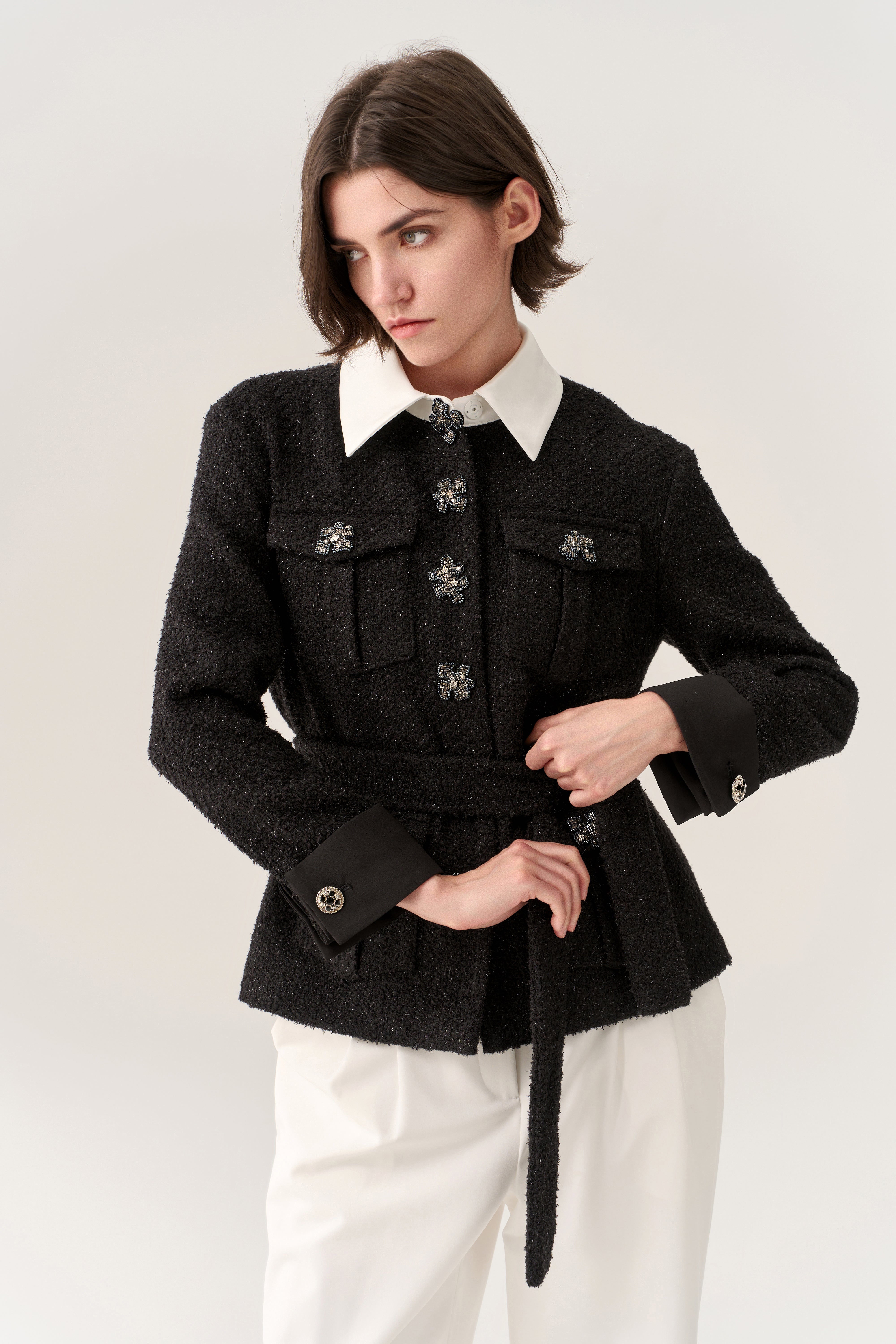 Stylish Lurex Tweed Tie Belt Blazer Jacket for Women - Elegant Office Wear & Evening Outfits
