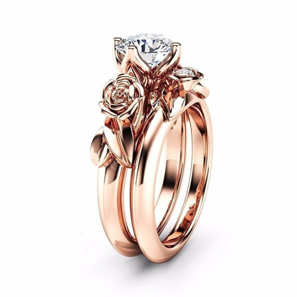 Elegant Rose Gold & Silver Floral Wedding Engagement Ring Set for Women - Perfect for Proposals, Anniversaries & Romantic Gifts