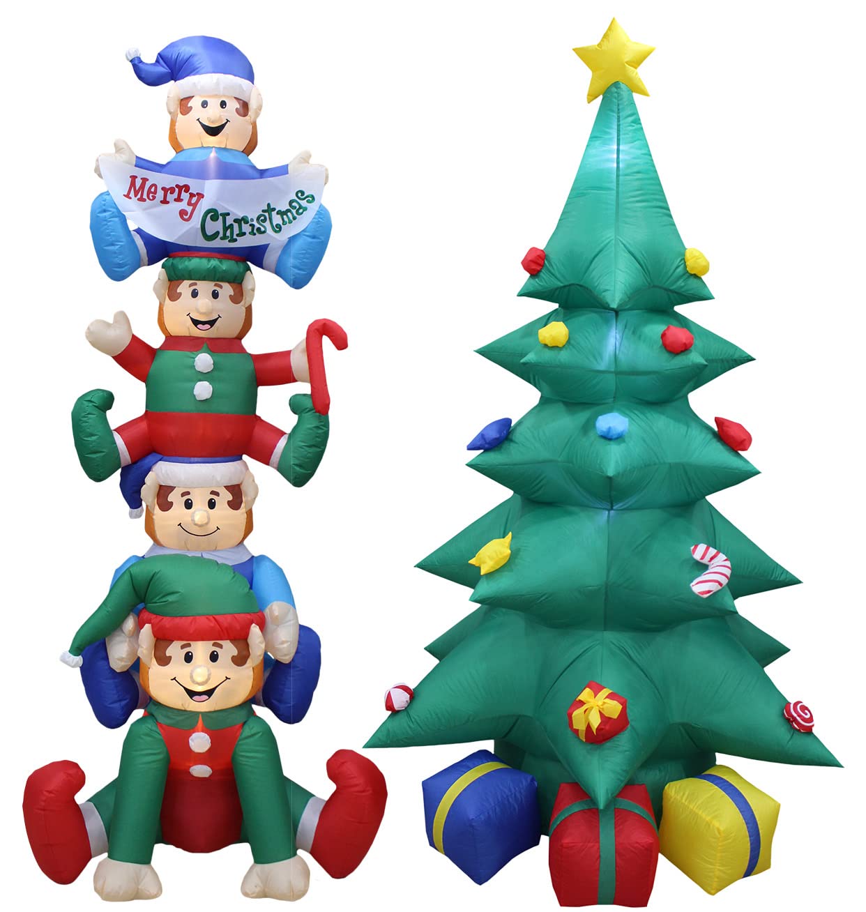 8ft Christmas Inflatable Stacking Elves & Green Tree Decor Set with Gift Boxes & Star - Outdoor Holiday Party Decorations for Yard, Lawn, and Home Christmas Decor