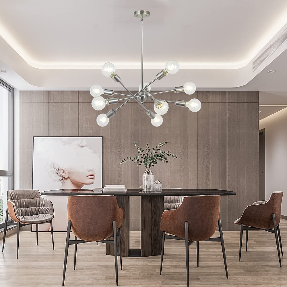 BONLICHT Modern Sputnik Chandelier - 10-Light Adjustable Arm Mid Century Pendant Light in Brushed Nickel - Perfect for Kitchen, Dining Room, Living Room & Entryway Lighting