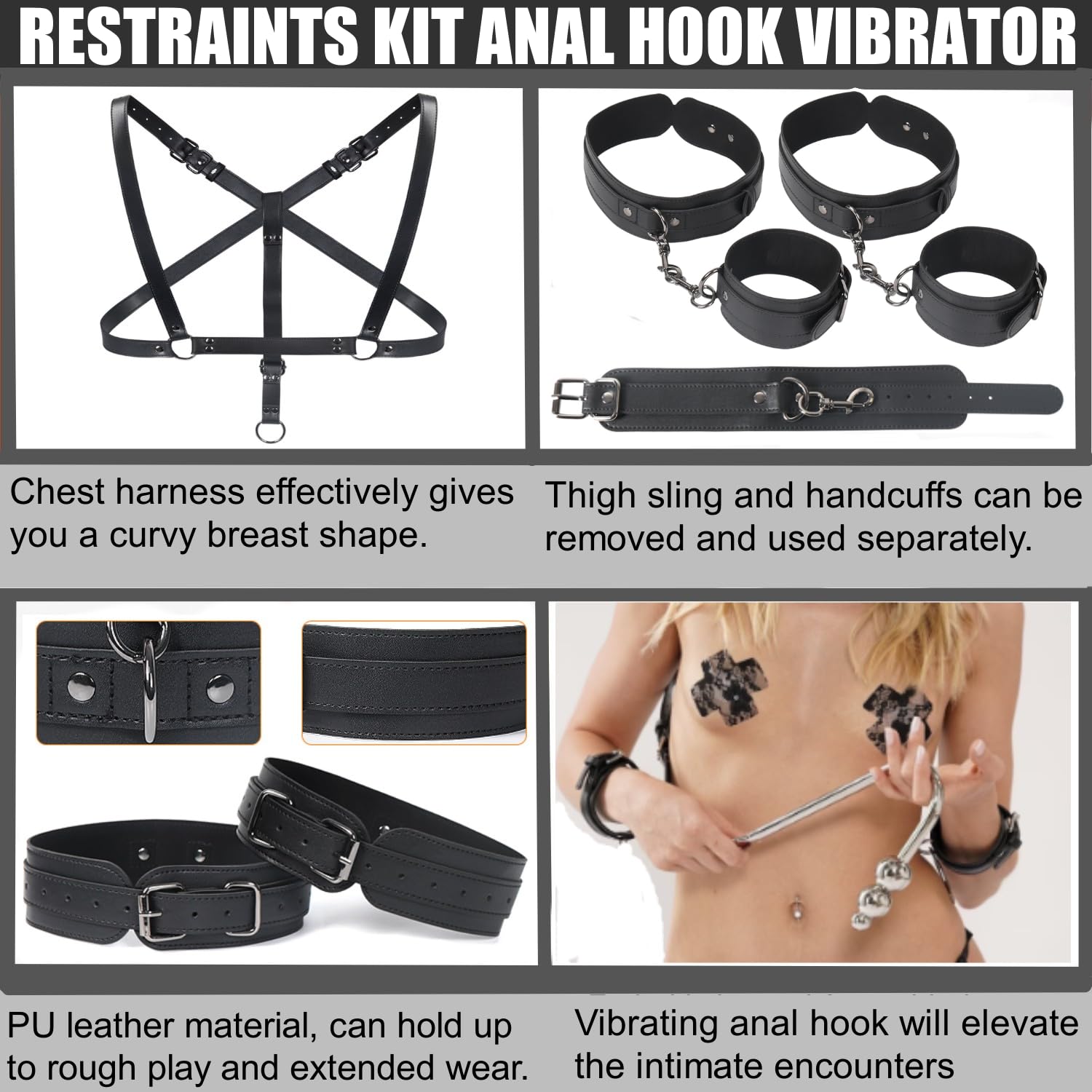 Vibrating Anal Hook BDSM Bondage Kit - 9 Vibration Modes, Thigh Sling, Chest Harness & Handcuffs with 3-Ball Anal Trainer - Unisex SM Fetish Toys for Couples - Perfect for Spicing Up Bedroom Play & BDSM Exploration
