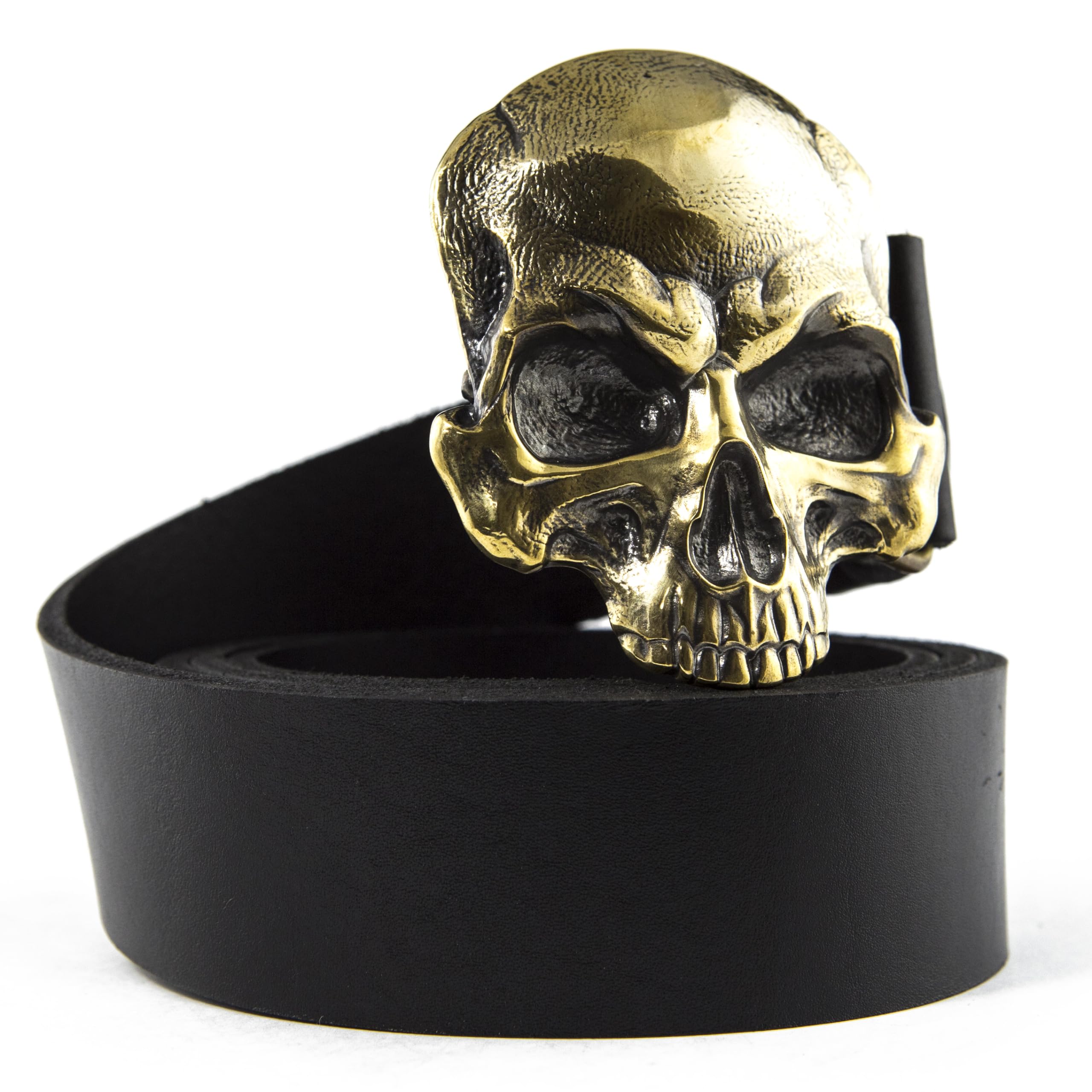 Men's Genuine Leather Belt with Solid Brass Skull Buckle - 1.5