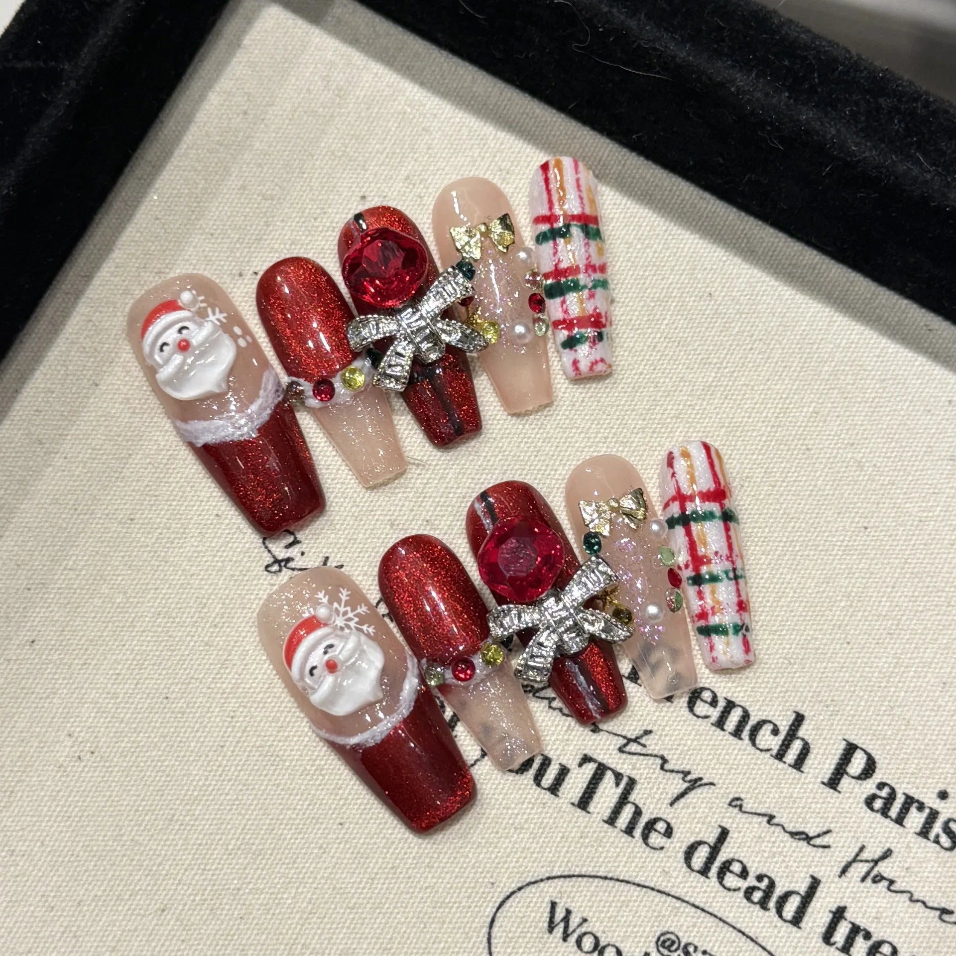 10Pcs 3D Christmas Press on Nails - Handmade Santa & Bow Designs, Winter Snow French Acrylic Fake Nails for Holiday Parties & Gift Giving