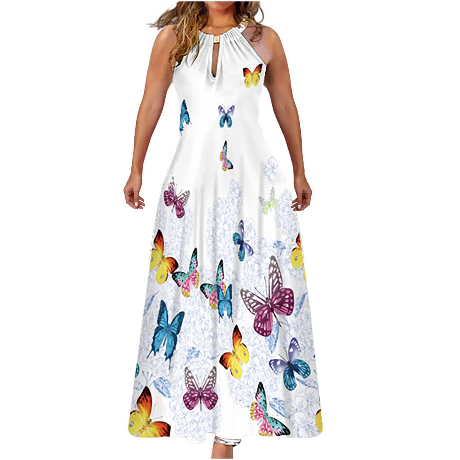 ASNTRGD Women's Plus Size Summer Maxi Dress - Sleeveless Floral Casual Loose Fit Choker Neck Long Dress for Beach, Vacation & Outdoor Parties