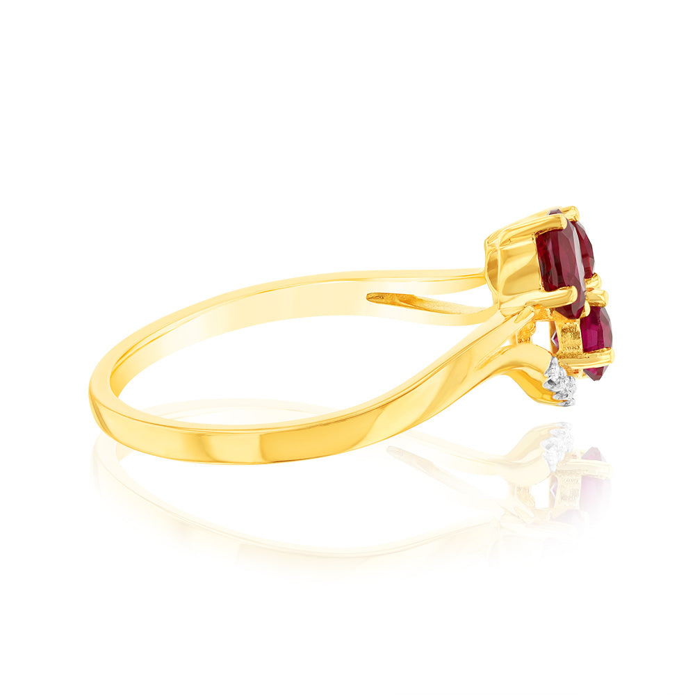 9ct Yellow Gold 1.19Ct Created Ruby & 5 Diamond Ring for Women - Elegant Vintage Style Engagement & Wedding Jewelry Gift