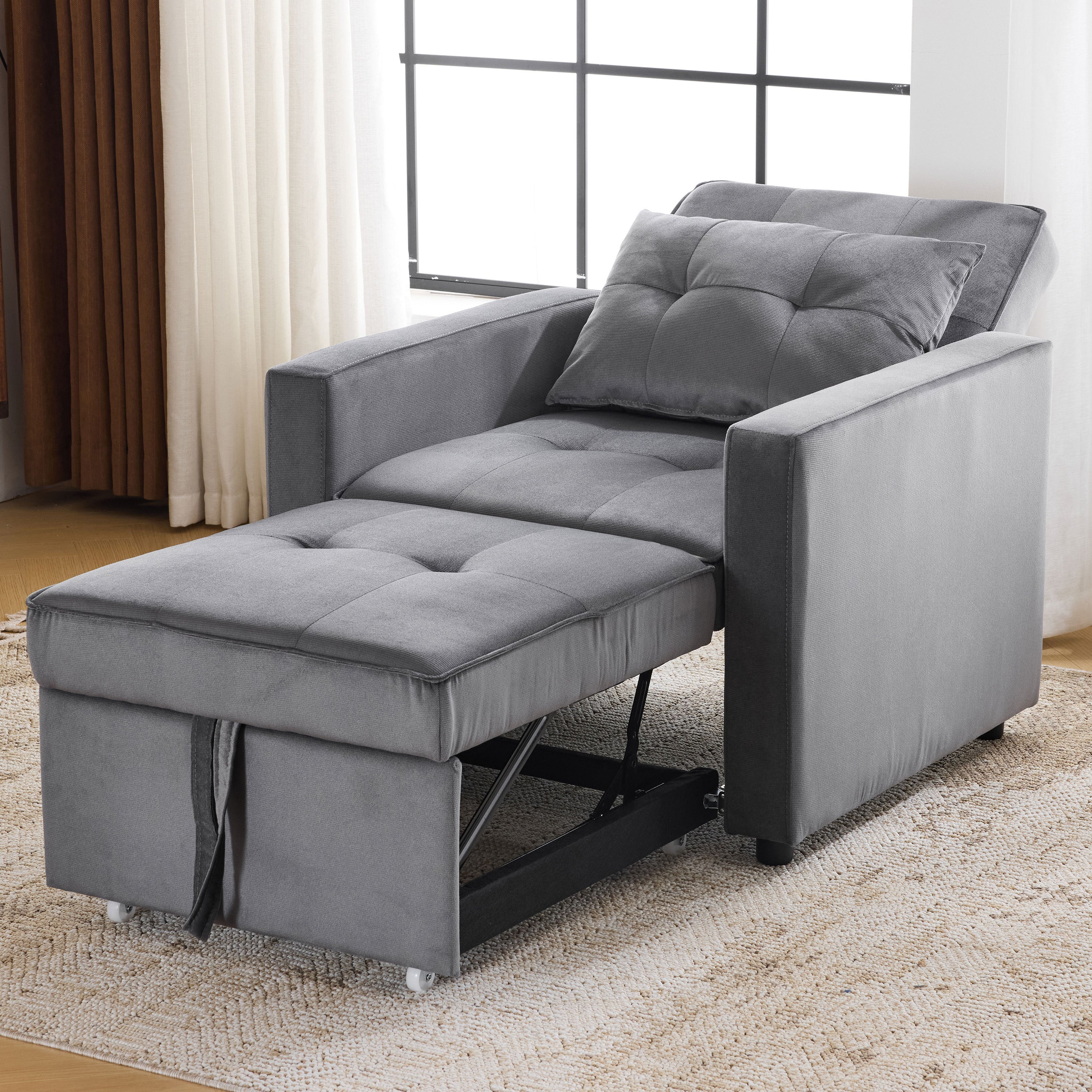 3-in-1 Convertible Sleeper Sofa Bed Chair with Pillow & Pocket - Modern Velvet Fabric Multi-Functional Furniture for Living Room, Bedroom, Study & Small Apartments (Gray) | Perfect for Guest Sleeping, Lounging & Space Saving Solutions