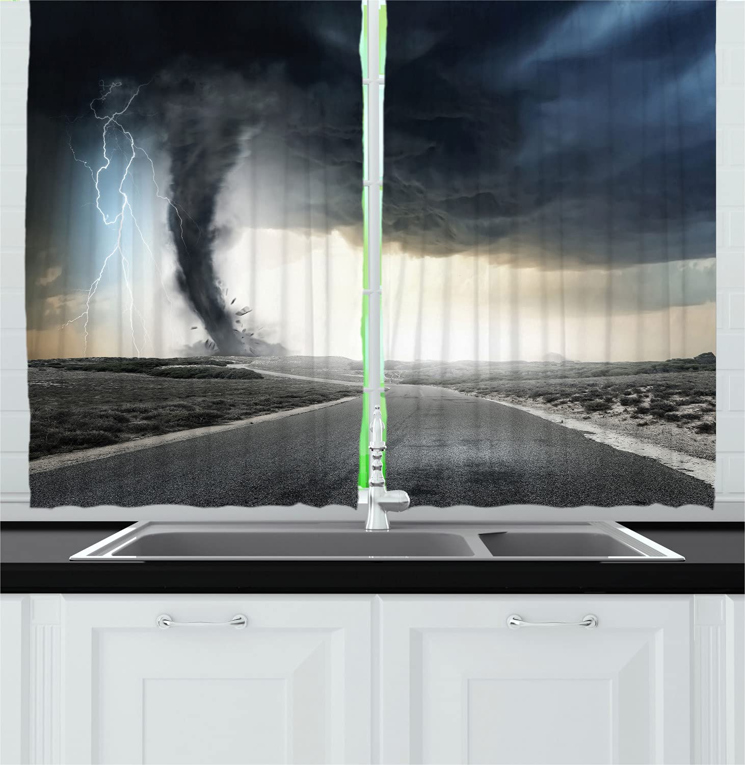 Ambesonne Black Tornado Funnel Thunderstorm Print Long Kitchen Curtains - 55