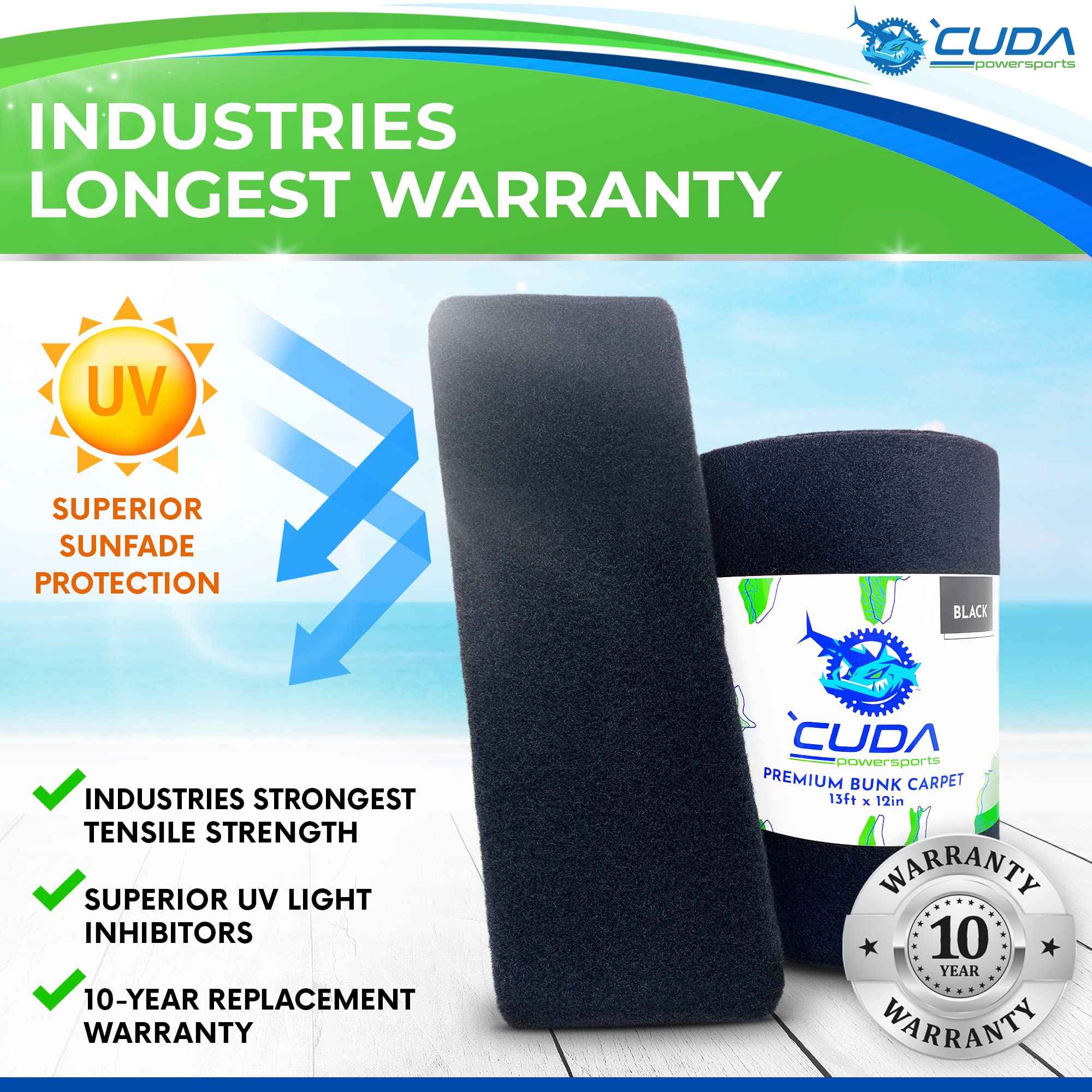 2-Pack Premium 30 Oz Cuda Boat Trailer Bunk Carpet - 12 Inch Wide x 13ft - Waterproof Black Bunk Carpet for Boat Trailers - Durable Lift Runners & Accessories - Perfect for Marine Protection & Easy Loading/Unloading