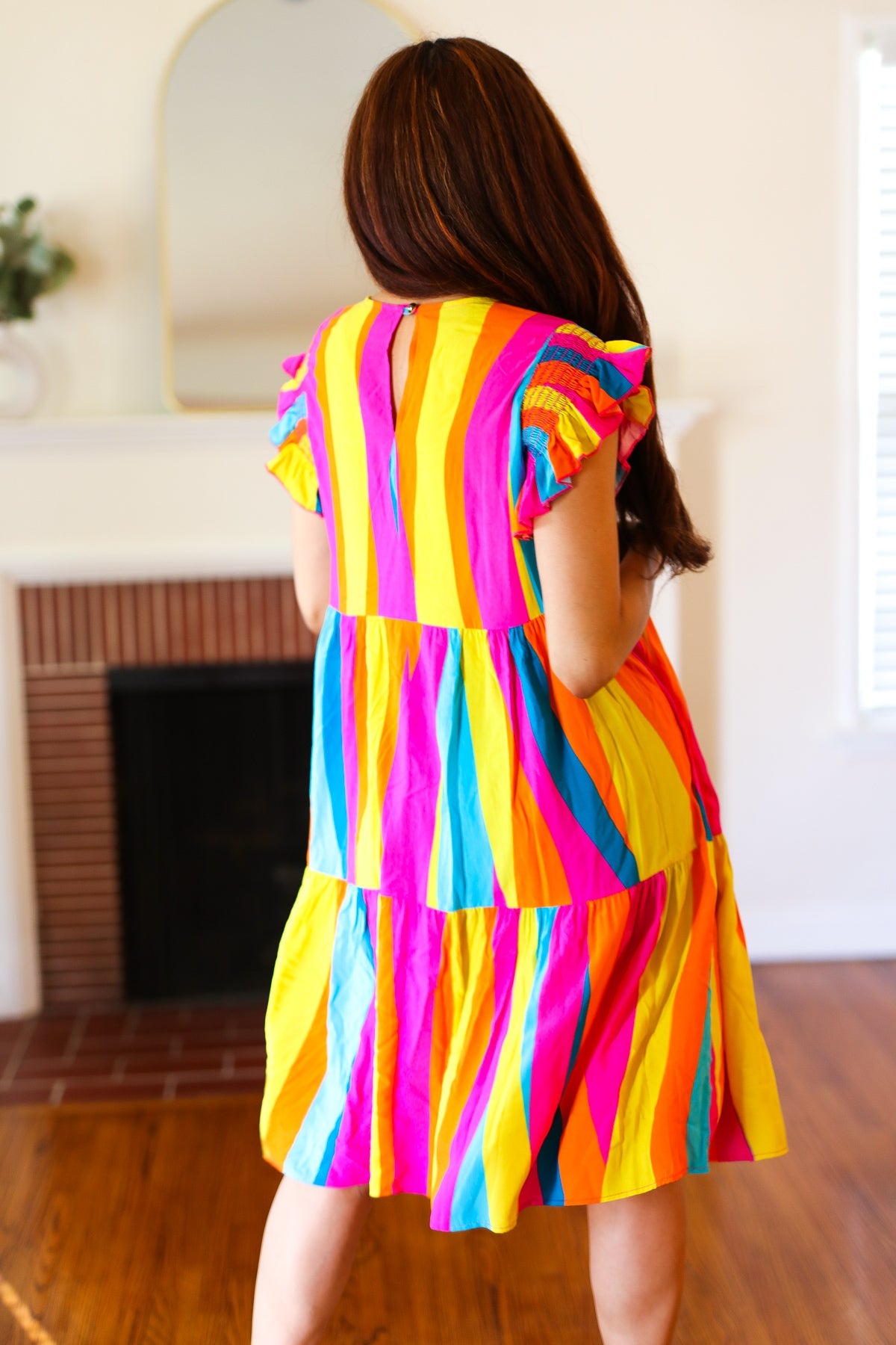Eyes On You Multicolor Abstract Print Smocked Ruffle Sleeve Dress for Women | Flowy Summer Dress for Beach, Party & Date Night