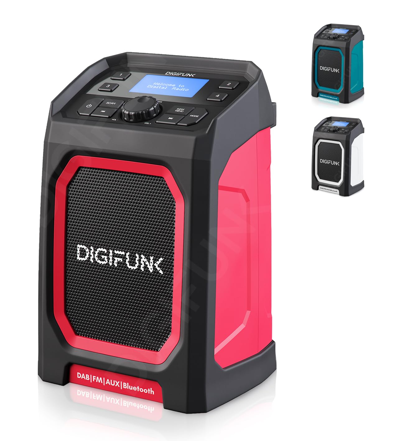 DigiFunk Rechargeable Job Site Radio with DAB+, DAB, FM, Bluetooth & AUX Input | IP65 Waterproof Rugged Construction Site Radio | Perfect for Construction Workers, Outdoor Enthusiasts, Warehouse & Garage Use | Portable Jobsite Speaker for DIY Projects, Camping & Home Improvement | Red