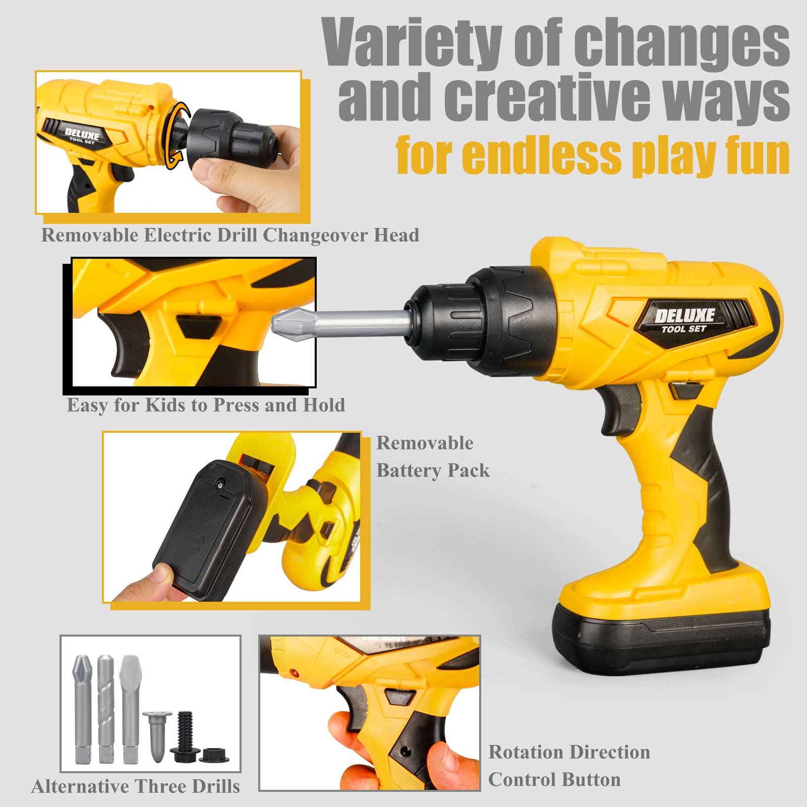 Zealous 48-Piece Kids Tool Set with Tool Box & Electronic Toy Drill - Pretend Play Construction Kit for Toddlers Ages 3-5 - Perfect for DIY Role Play & Early Learning (Yellow) - Great for Birthday Gifts & Preschool Educational Activities
