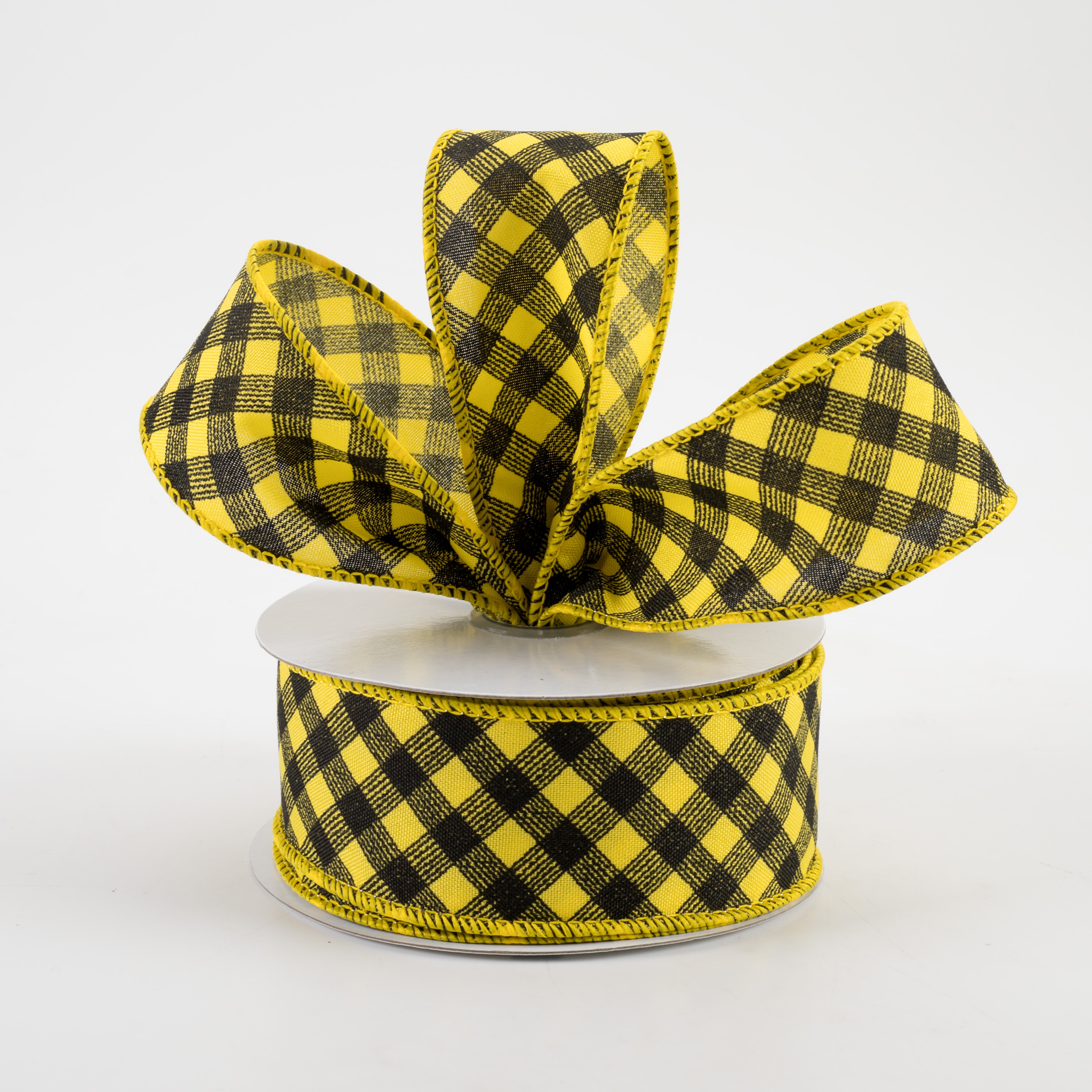 1.5 Inch Diagonal Gingham Checkered Ribbon - Sun Yellow & Black Pattern (10 Yards) for Gift Wrapping, DIY Crafts, Party Decorations and Hair Bows