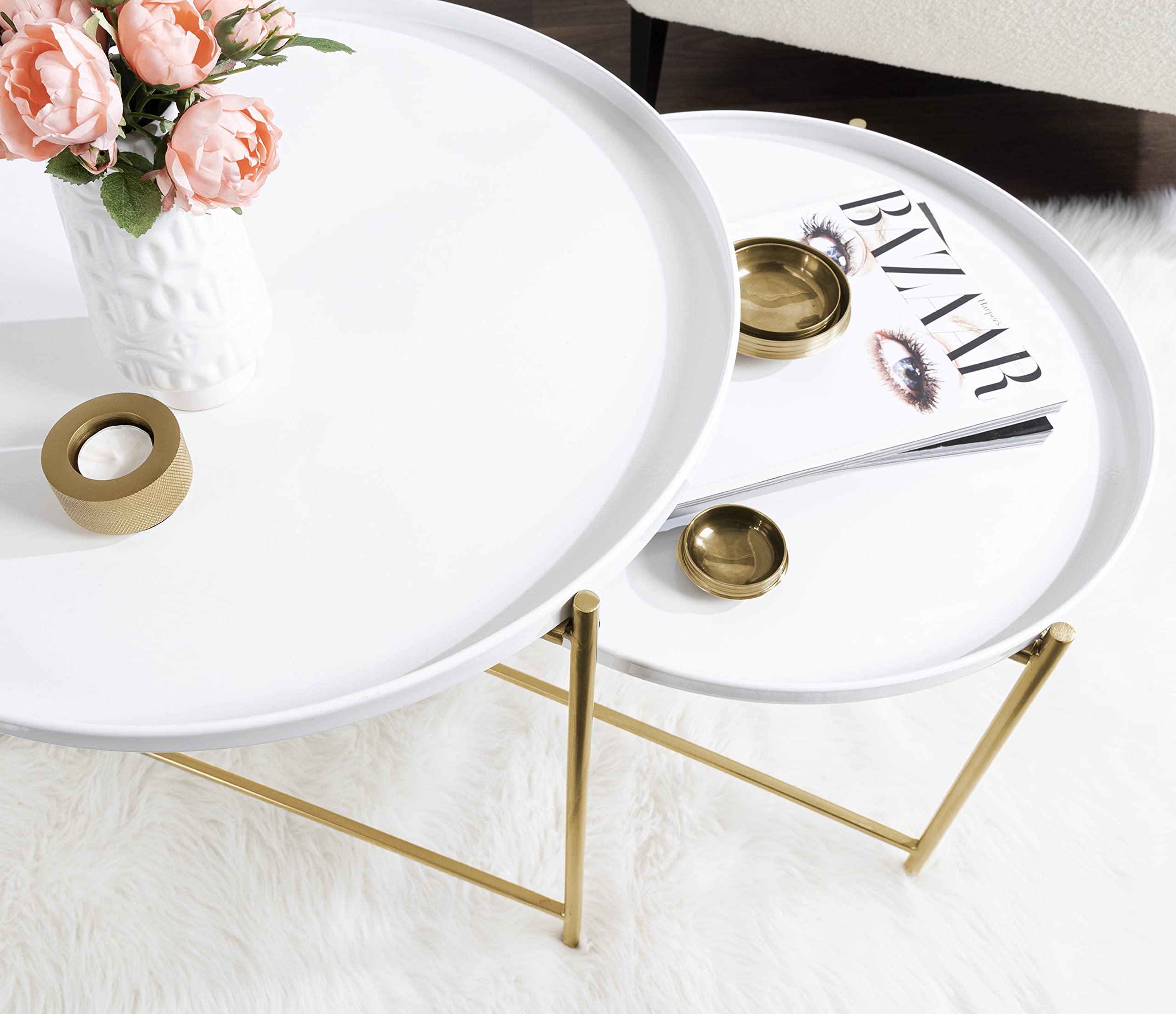 Kate and Laurel Ulani Modern Nesting Coffee Table Set of 2 - White & Gold Glam Storage Display Tables for Living Room, Lounge & Home Decor