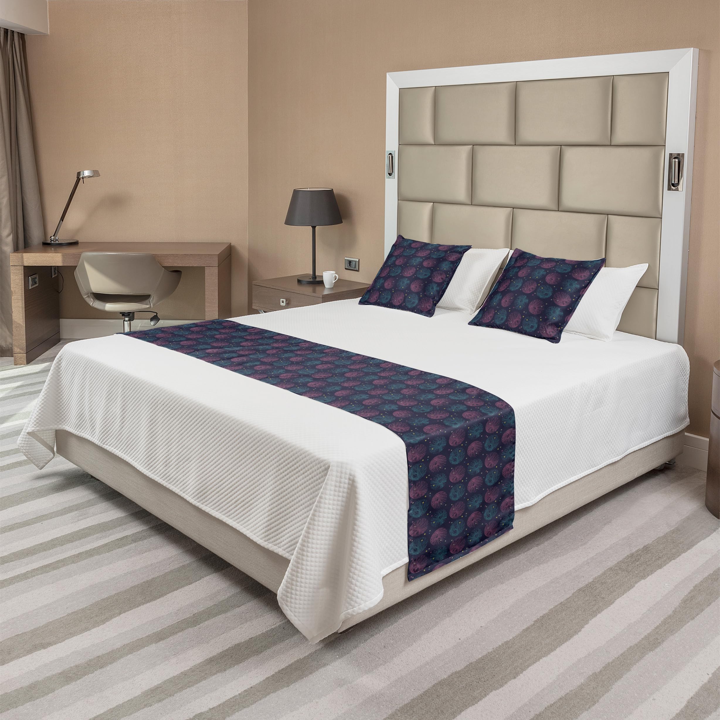 Ambesonne Abstract Bed Runner Set with 2 Pillow Shams - Celestial Contemporary Sketch Lines & Dots Design - Decorative Bedding Scarf for Queen Size Beds - Eggplant Slate Blue - Perfect for Hotels, Homes & Guest Rooms (Stylish Bedroom Decor & Luxury Bedding Accent)