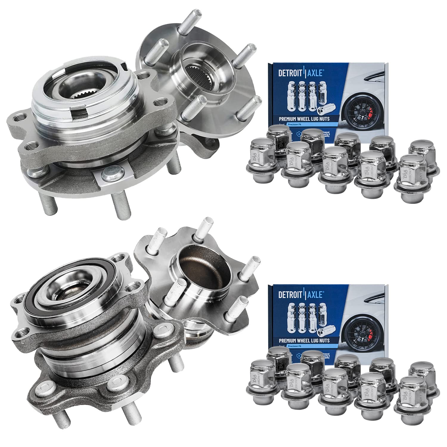 Detroit Axle Wheel Bearing Hub Kit - Compatible with Infiniti JX35 QX60 Nissan Altima Murano Maxima Pathfinder - Front & Rear Wheel Bearings & Hubs Replacement Set with 20 Lug Nuts - Perfect for DIY Repairs, Off-Roading, and Daily Commuting