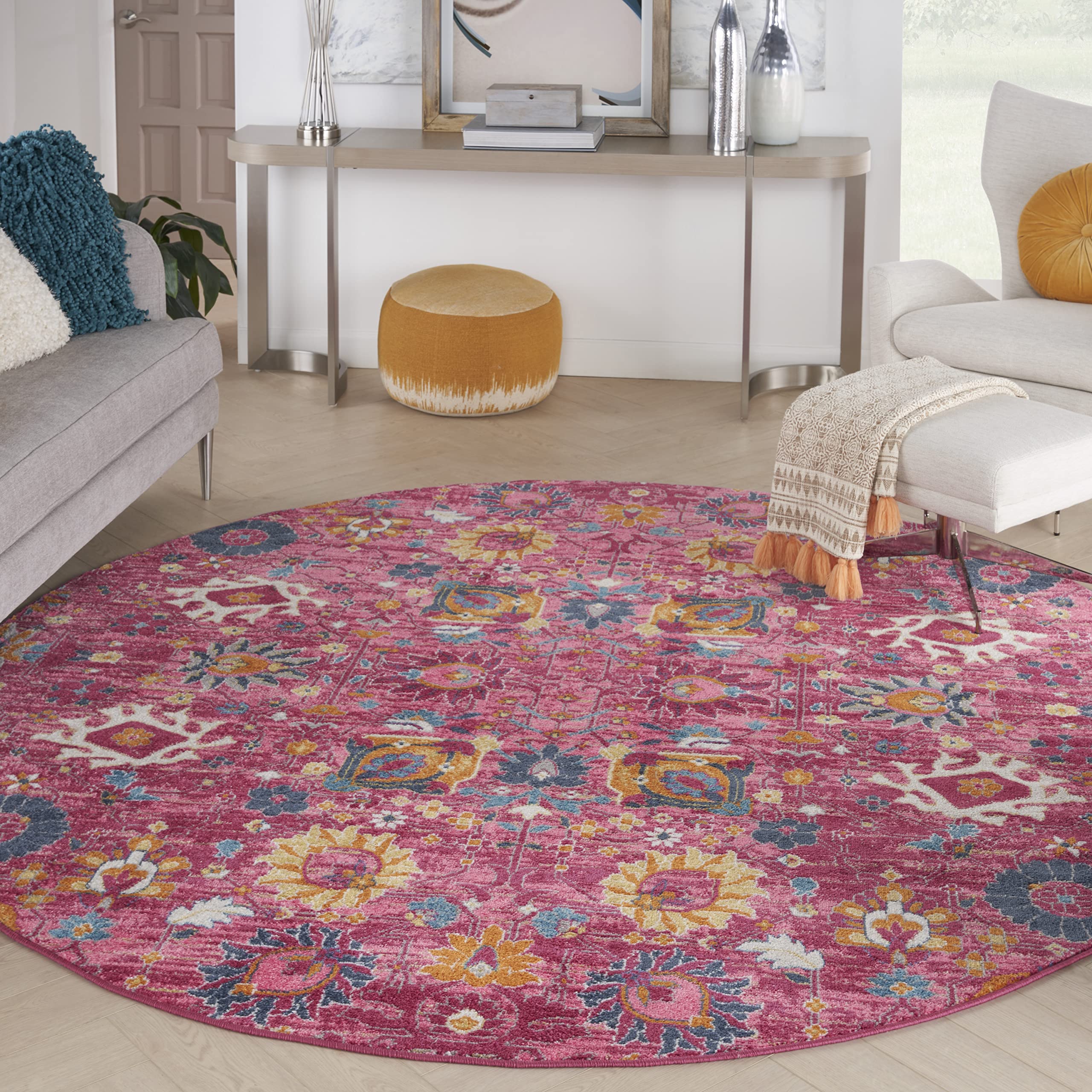 Nourison Passion Fuchsia 8' Round Area Rug - Boho Moroccan Style for Bedroom, Living Room, Dining Room & Kitchen - Easy to Clean & Non-Shedding - Perfect for Boho Chic Decor, Cozy Home & High Traffic Areas (8' Round)