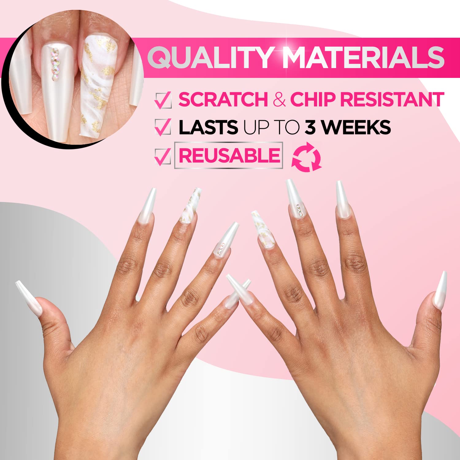 24-Piece Long Press-On Nails Kit for Women - Acrylic Fake Nails with Glue, Stickers, Nail File & Cuticle Stick (Ivory Gold) | Perfect for Parties, Weddings & Everyday Glam