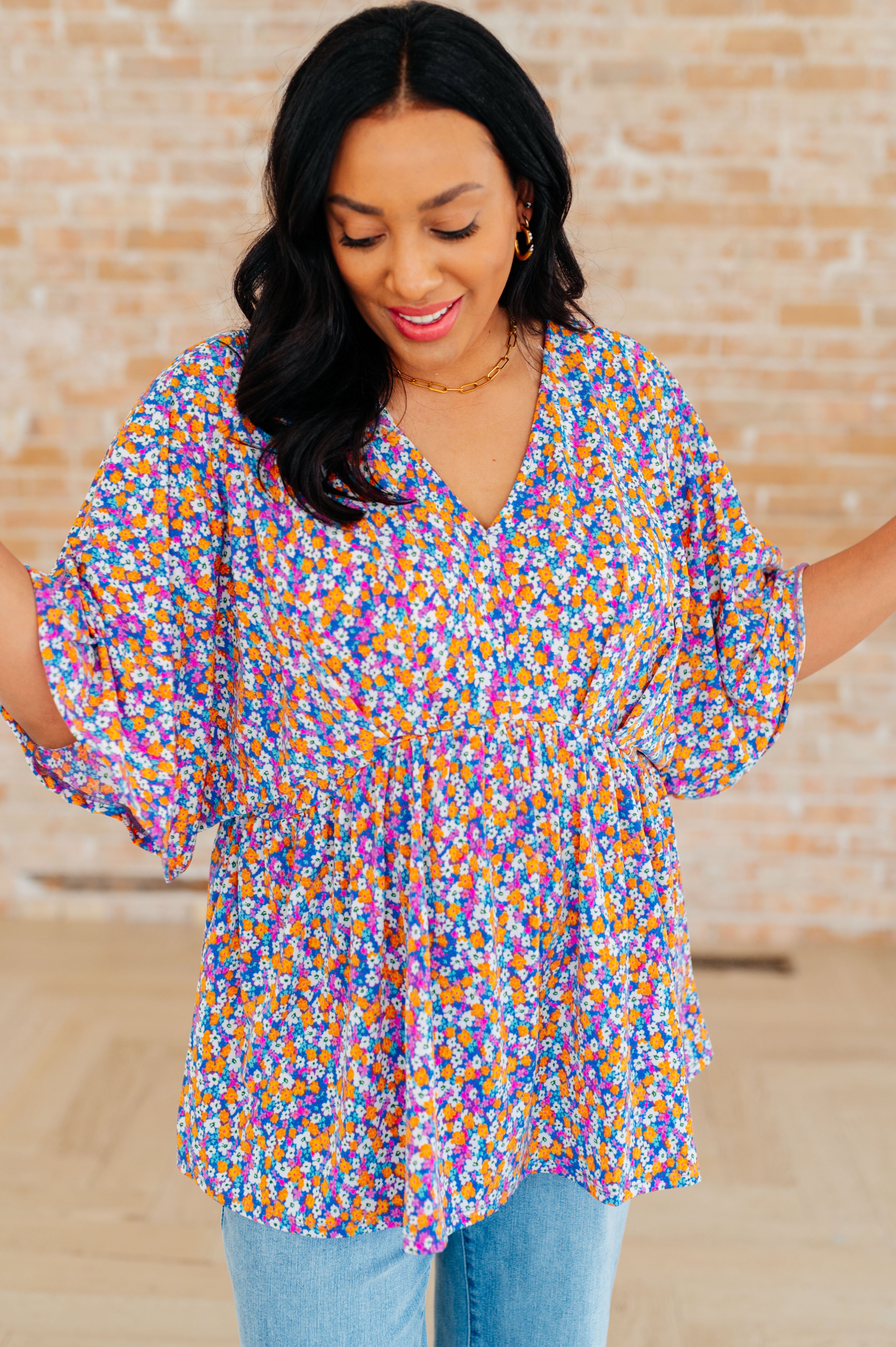 Dreamer Peplum Top - Purple Retro Ditsy Floral Print Women's Blouse for Casual Wear & Date Night Outfits