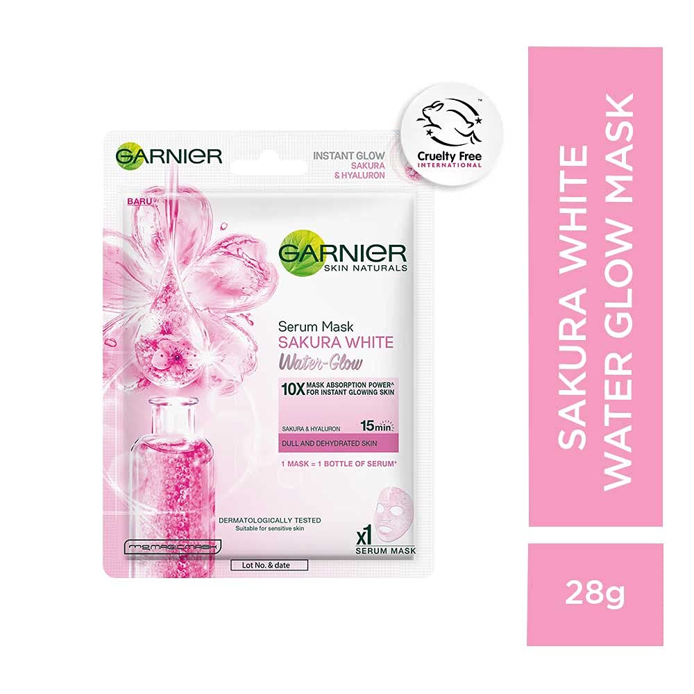 Garnier Sakura White Water Glow Serum Sheet Mask - Brightening & Hydrating Facial Mask for Women, 28g - Perfect for Daily Skincare & Glowing Skin Routine