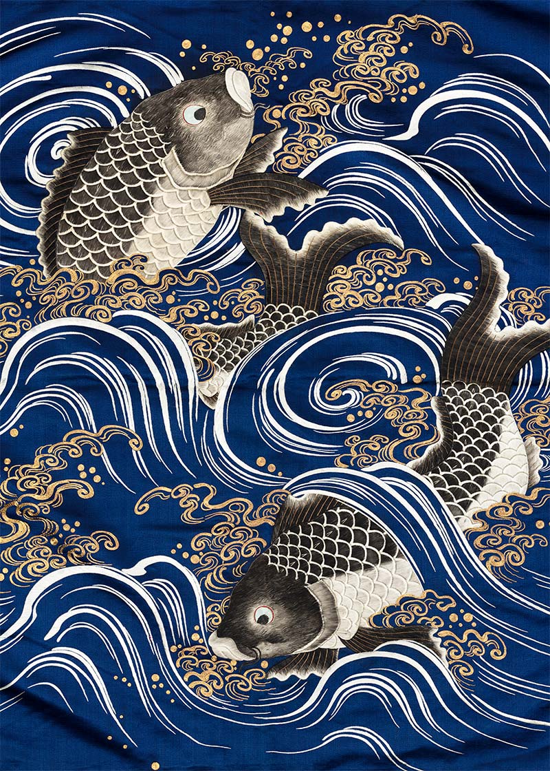 Japanese Fukasa Kimono with Carp and Waves Design - Traditional Asian Clothing for Women, Men & Home Decor | Perfect for Cosplay, Tea Ceremonies & Cultural Events