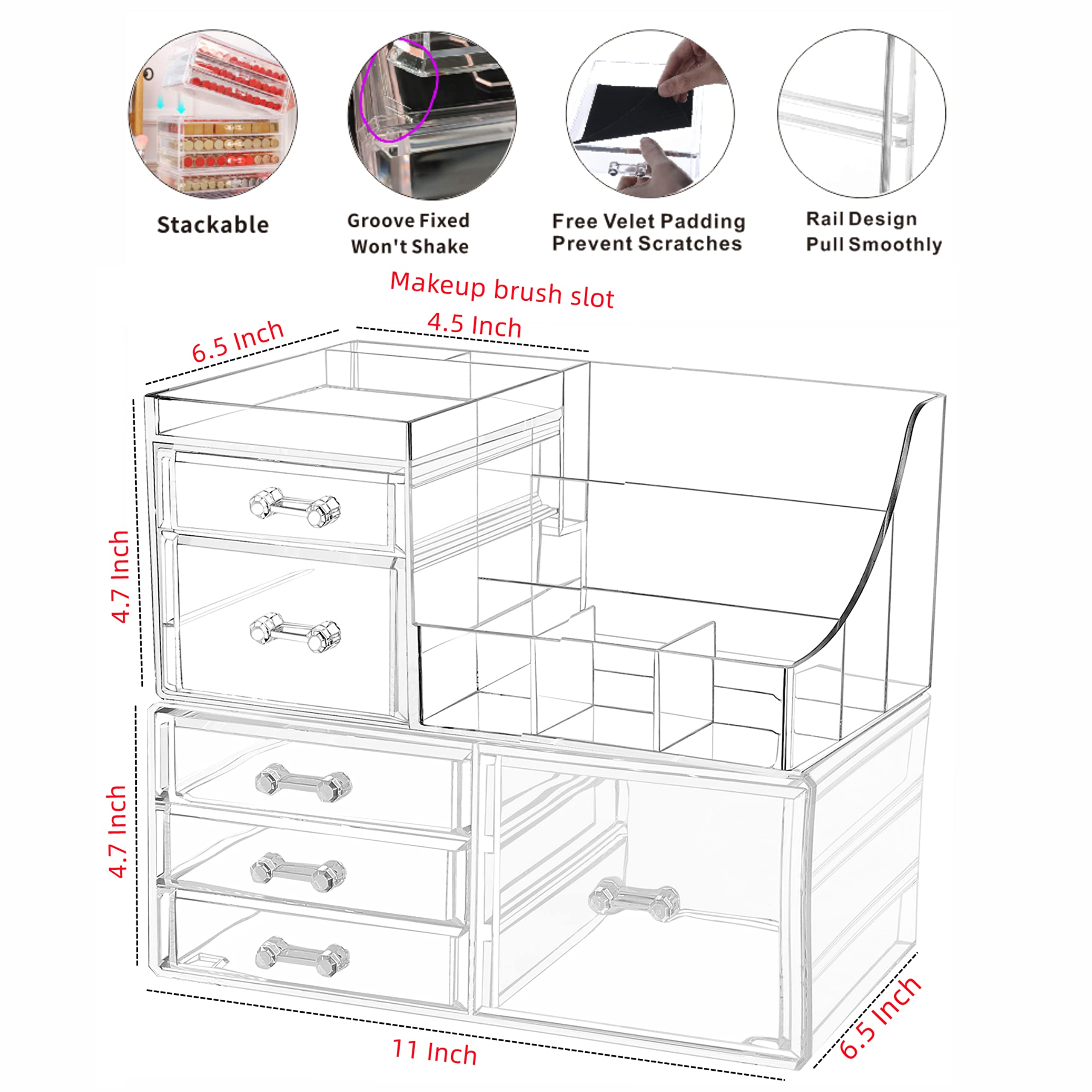 2-Pack Clear Acrylic Makeup Organizer with 6 Stackable Drawers - Vanity Jewelry, Hair Clip & Skincare Storage for Bathroom Counter & Desk Organization - Perfect for Beauty, Cosmetics & Accessories