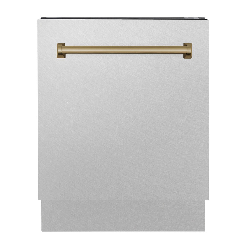 ZLINE Autograph Edition 24-inch Built-In Tall Tub Dishwasher with 3rd Rack - Satin Stainless Steel Panel & Champagne Bronze Handle - 51dBa Quiet Operation (DWVZ SN 24 CB) - Perfect for Modern Kitchens and Open-Concept Homes