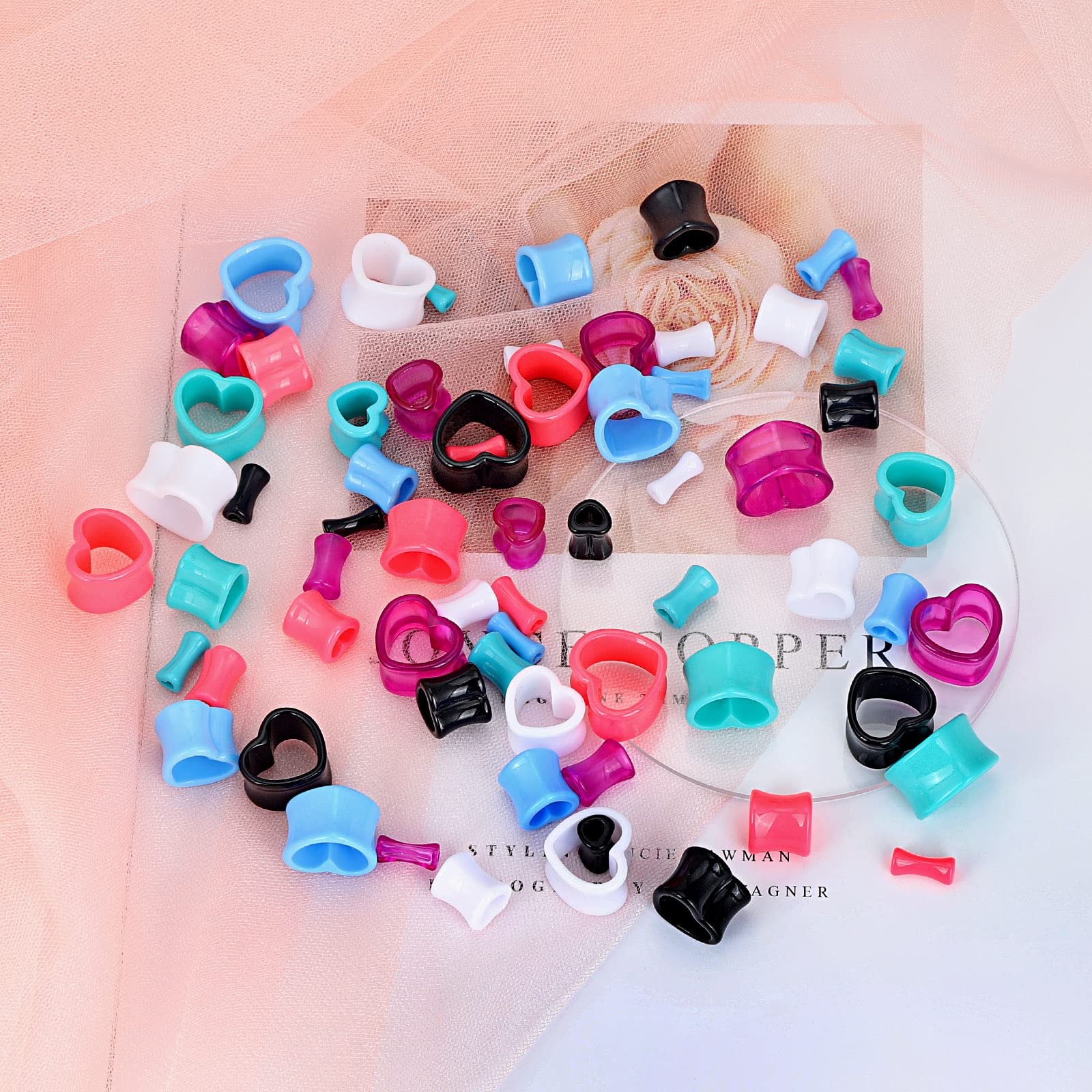 Qmcandy 6 Pairs Acrylic Heart Shaped Ear Tunnels & Plugs - Colorful 6g to 13/16 Inch Ear Gauges for Stretching - Perfect for Daily Wear, Parties & Alternative Fashion