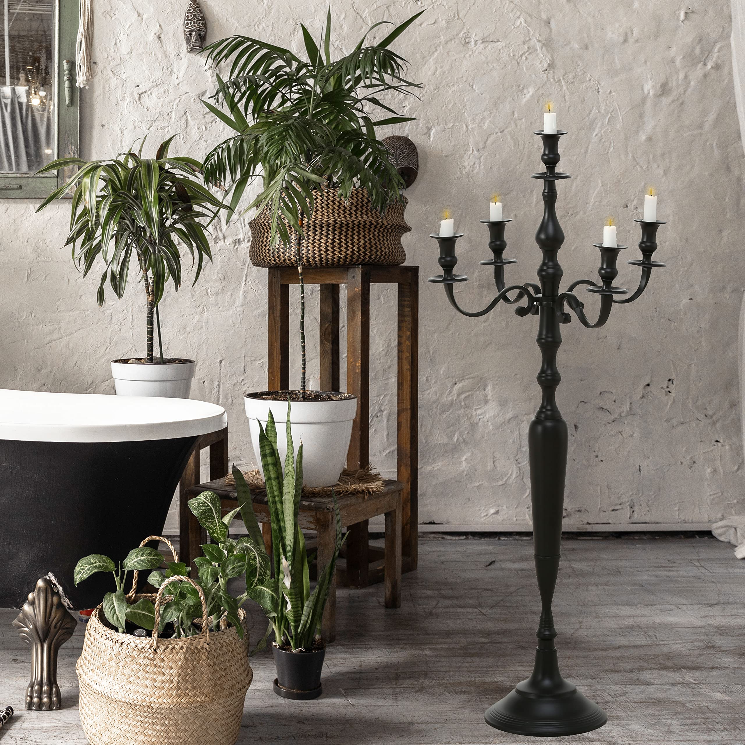 Handcrafted Rustic Black Cast Aluminum Nickel Candelabra - 41.25 Inch Tall Centerpiece for Dining Table, Wedding Decor & Farmhouse Style Home | Hamptons Five Candle Holder